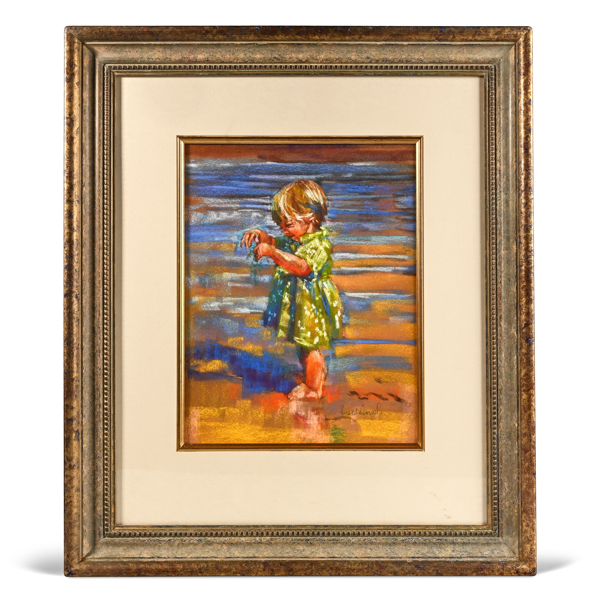 Pair of Pastel Paintings of Children on a Beach by Sue McDough
