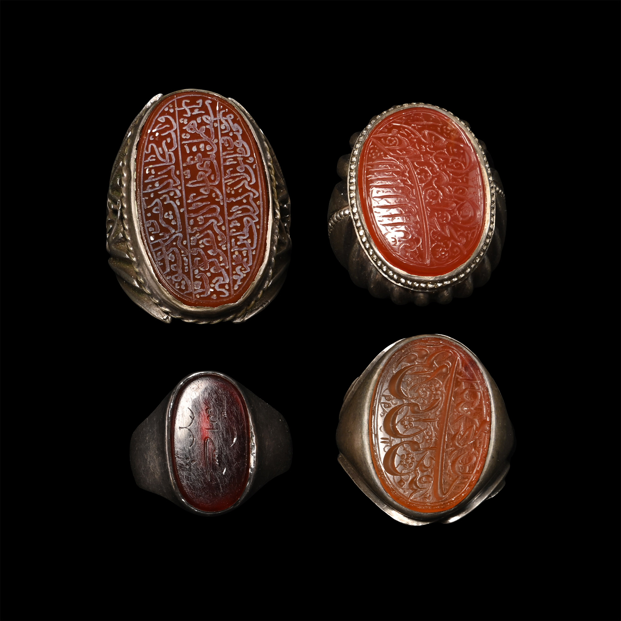 Western Asiatic Silver-Coloured Metal Rings with Calligraphic Gemstones