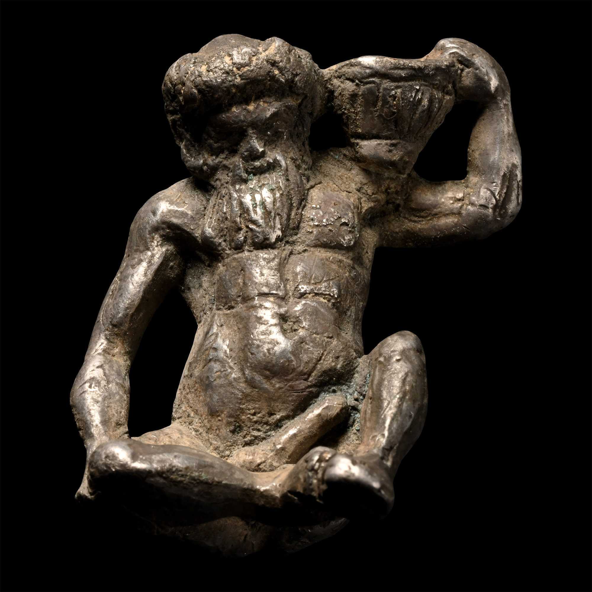 Roman Style Silver Statuette of a Drunken Naked Satyr