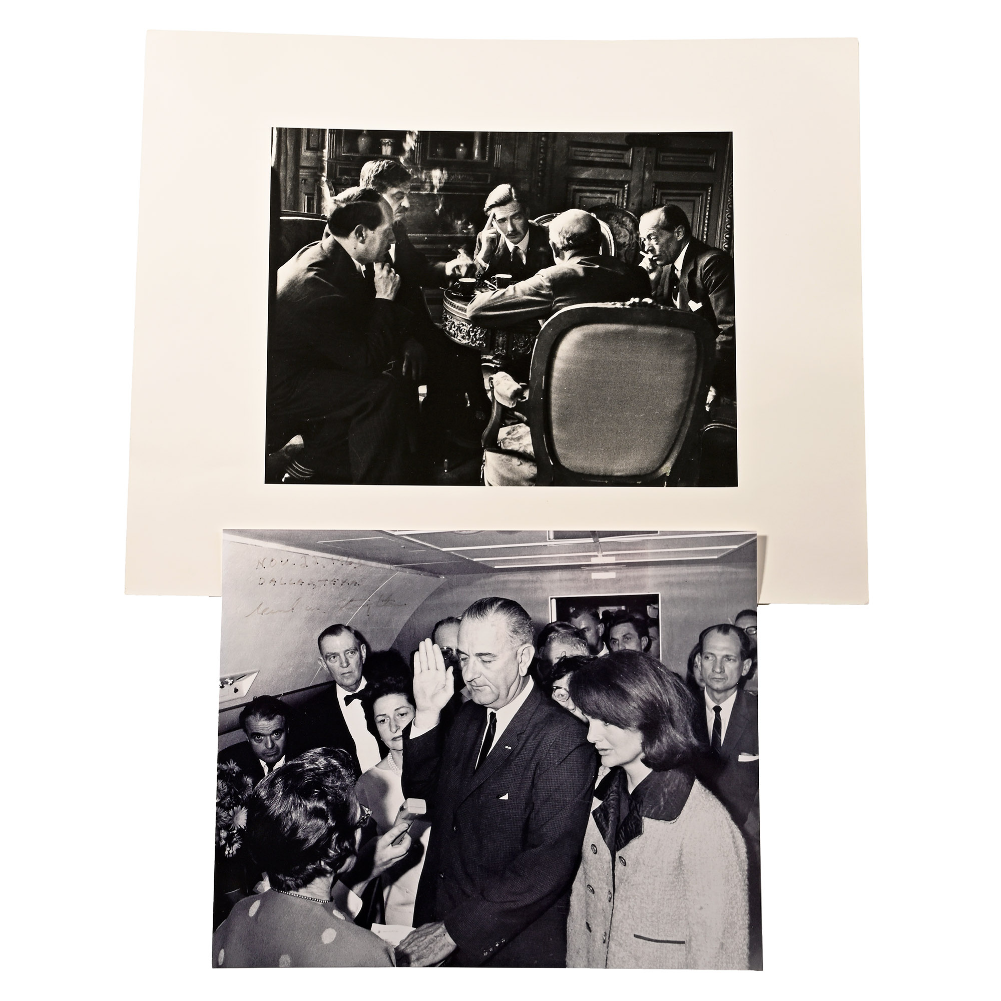 Anthony Eden, Pierre Laval, Francois Piétri, and Henri Berenger meeting by Lucian Aigner; Cecil Stoughton, Lyndon B Johnson being sworn in as president after the assassination of J.F.K.