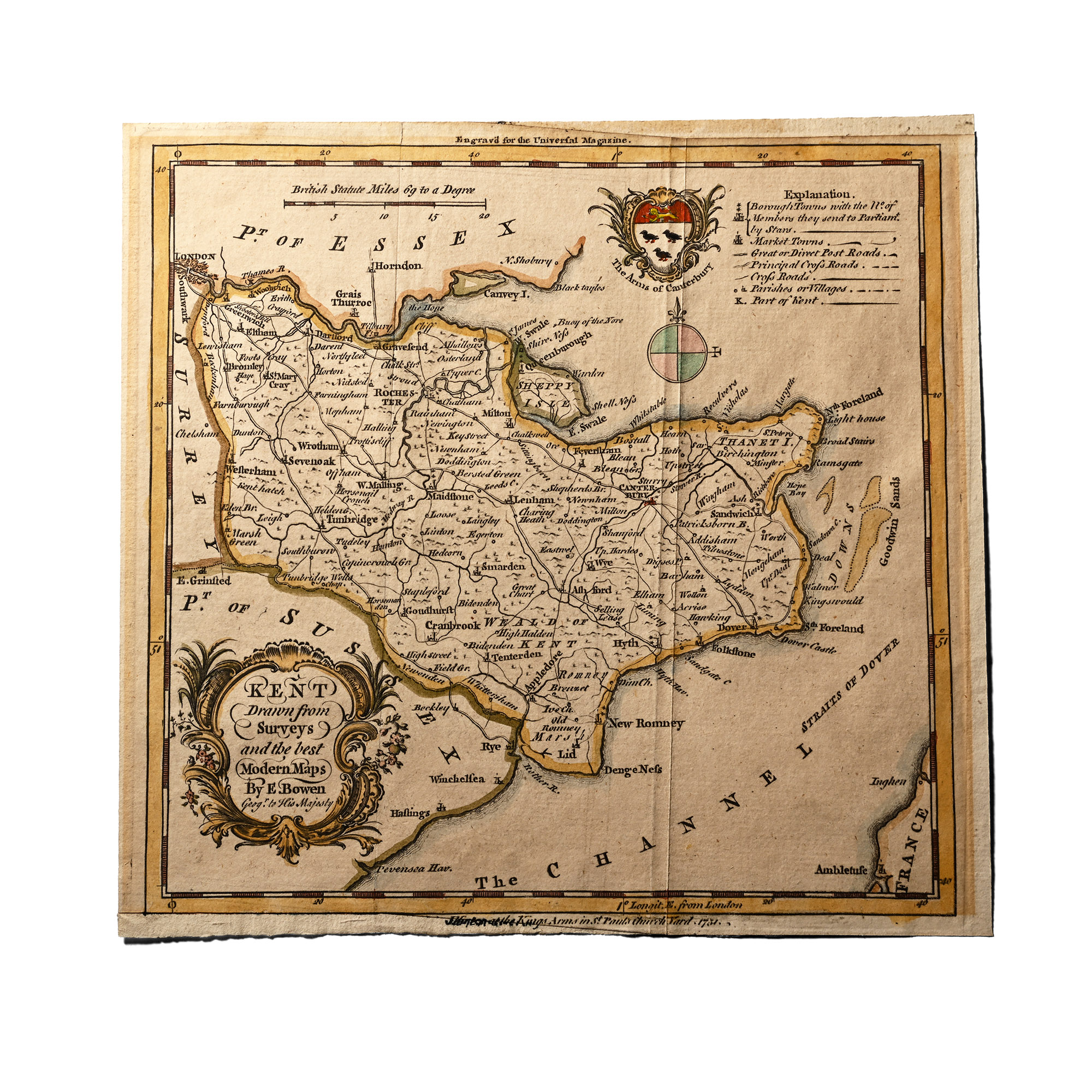Original Antique Map of Kent by E. Bowen