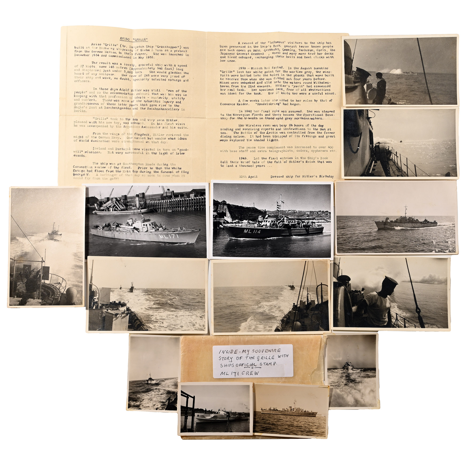 Archive of Original Photographs and Story of the German Ship 'Grille' with Ship's Official Stamp