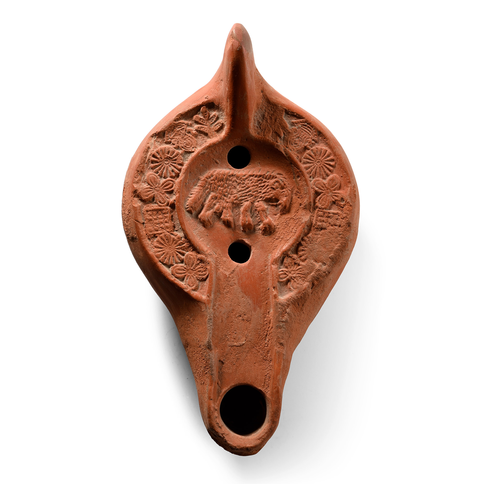 Late Roman Terracotta Oil Lamp with Ram