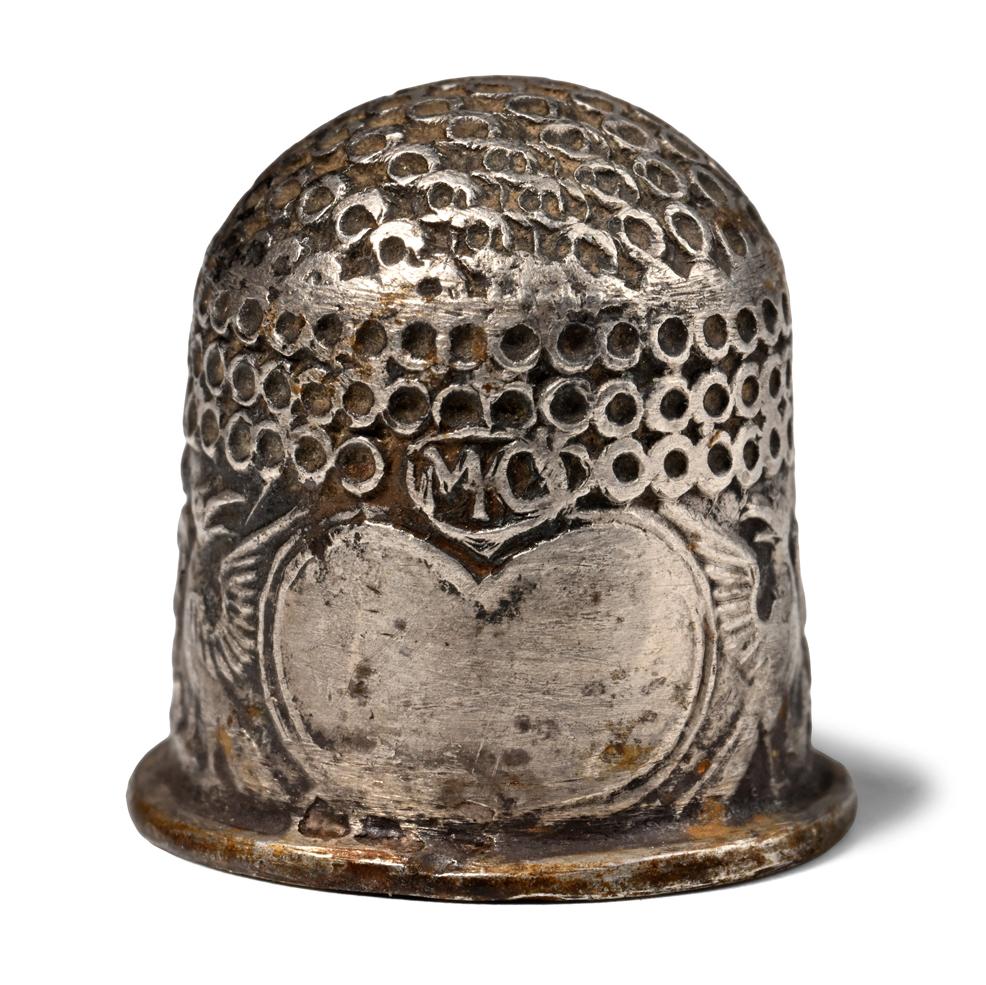 Post Medieval Silver Thimble with Heart-Shaped Cartouche Flanked by Birds