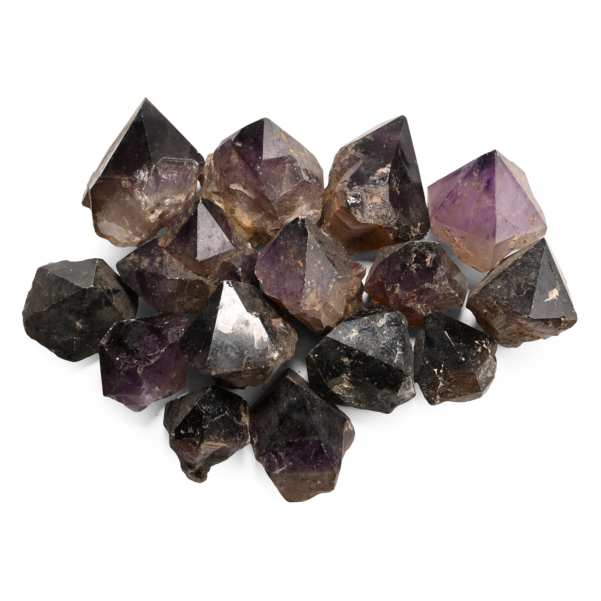 Group of Fourteen [14] Large Amethyst and Smoky Quartz Crystal Points