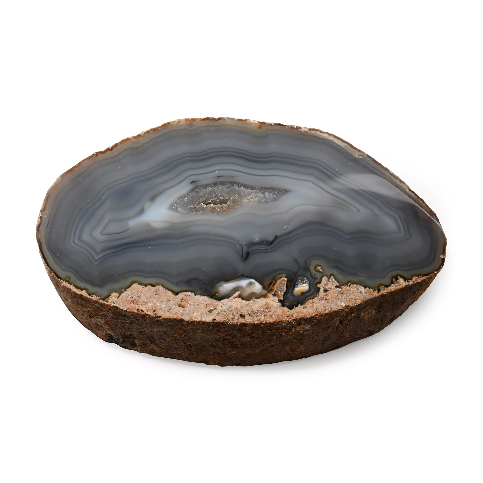 Large Cut and Polished Banded Blue Agate Geode Slice Artefact Base