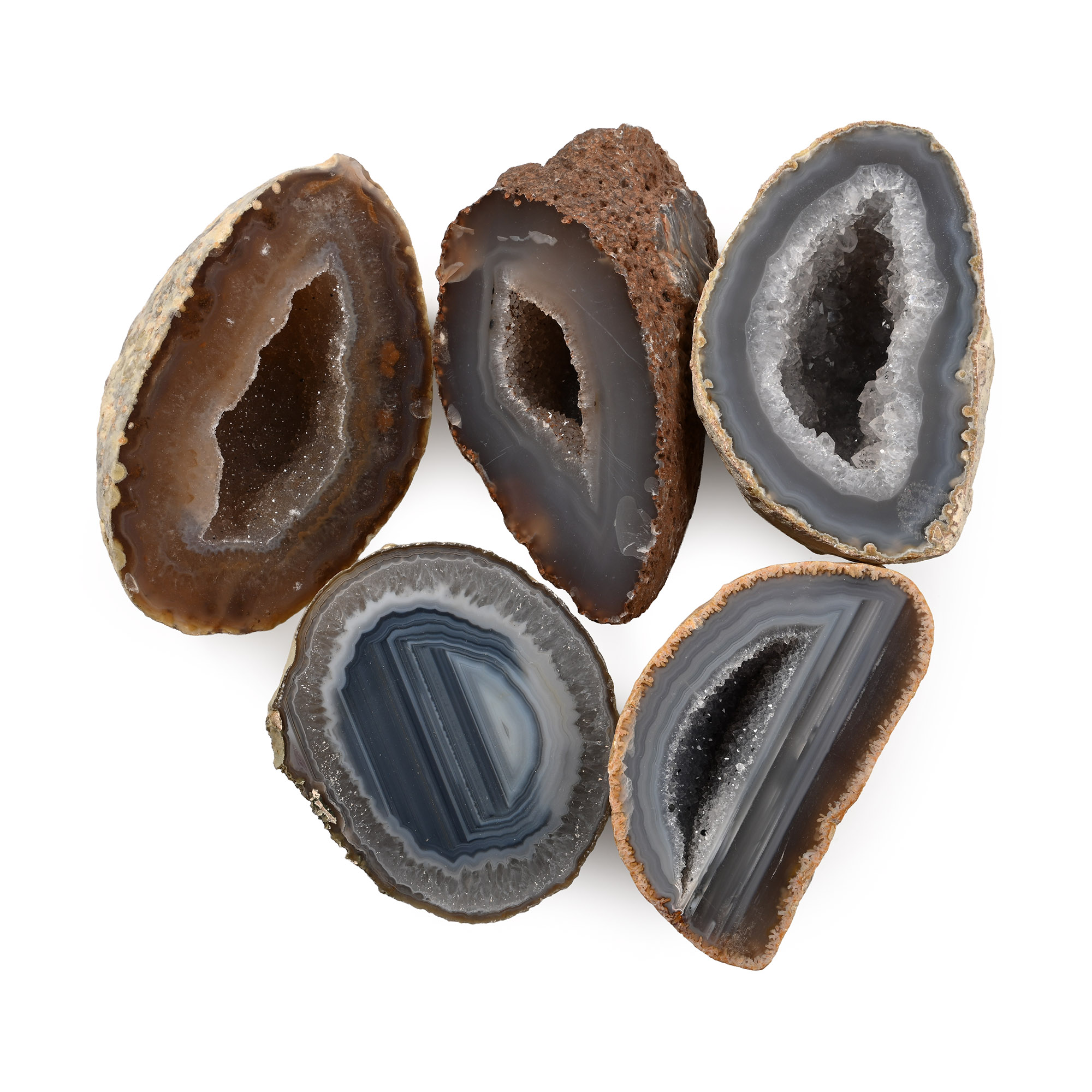 Group of Five [5] Large Cut and Polished Agate Geode Halves