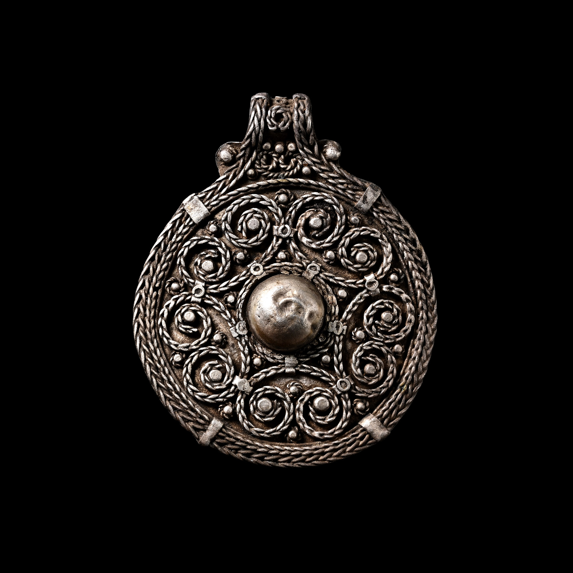 Scandinavian Viking Silver Filigree Pendant with Scrolls