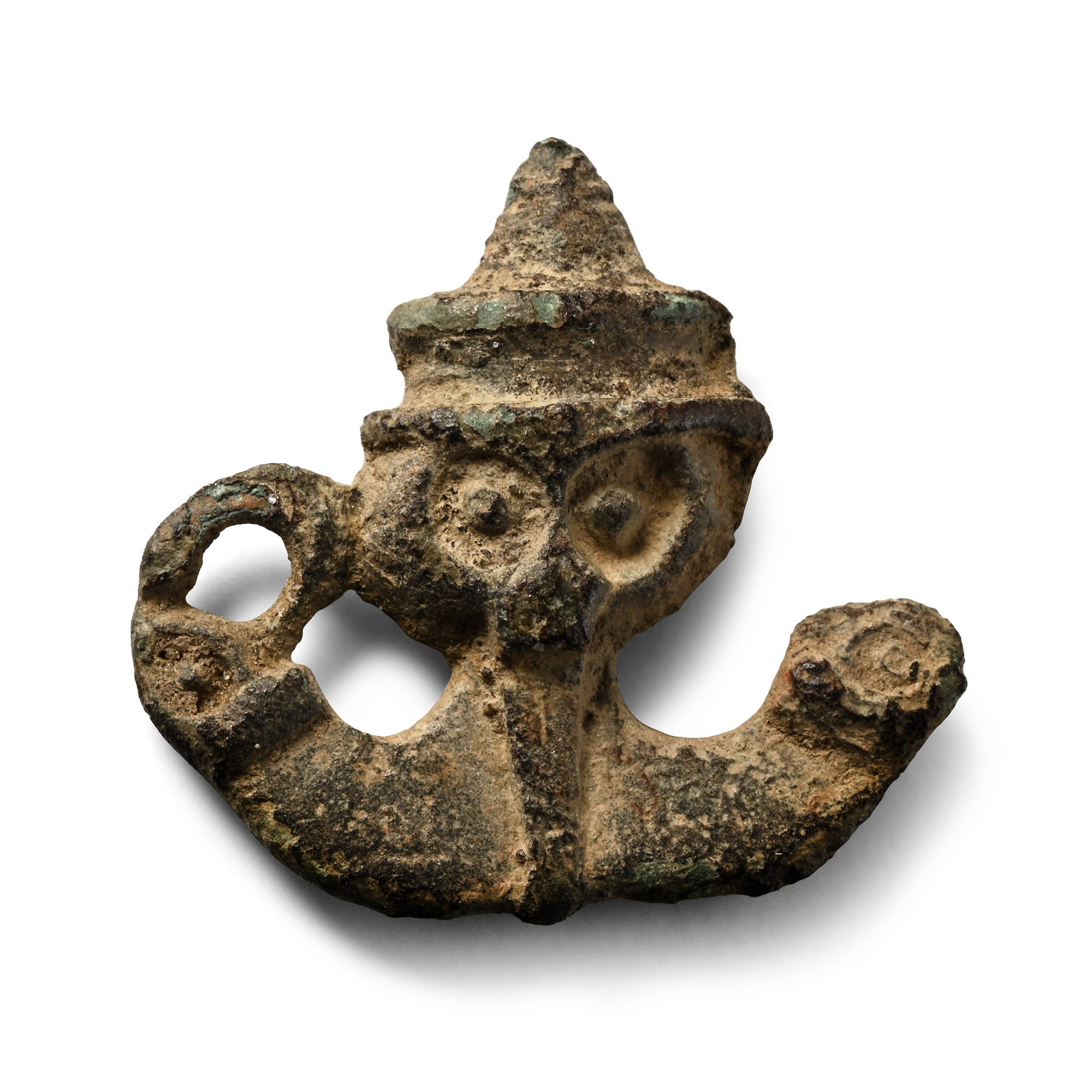 Anglo-Saxon Bronze Florid Brooch Terminal with Moustached Face