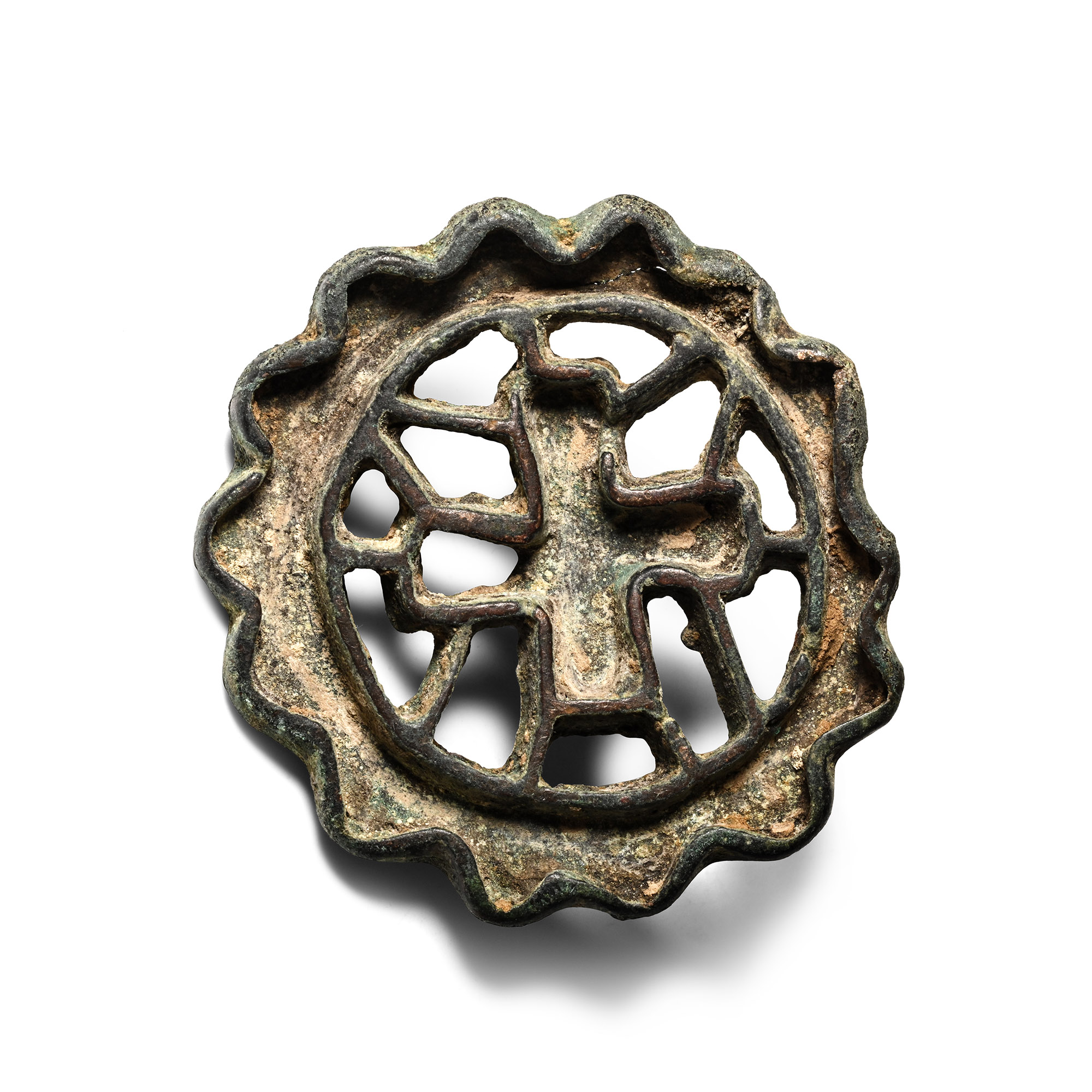 Large West Central Asian Bronze Scalloped Seal Matrix with Greek Cross
