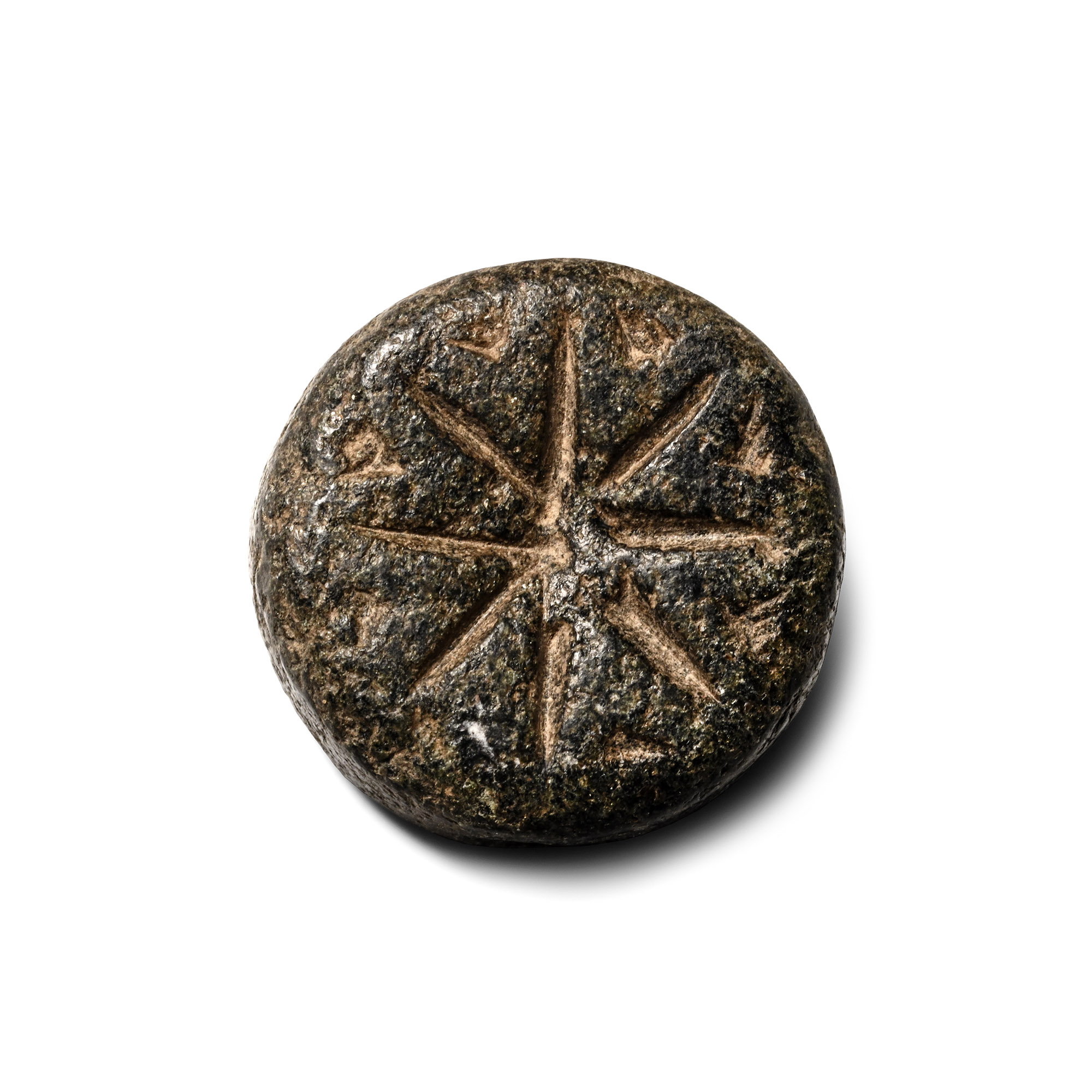 West Central Asian Green Stone Stamp Seal with Eight-Pointed Star Whorl
