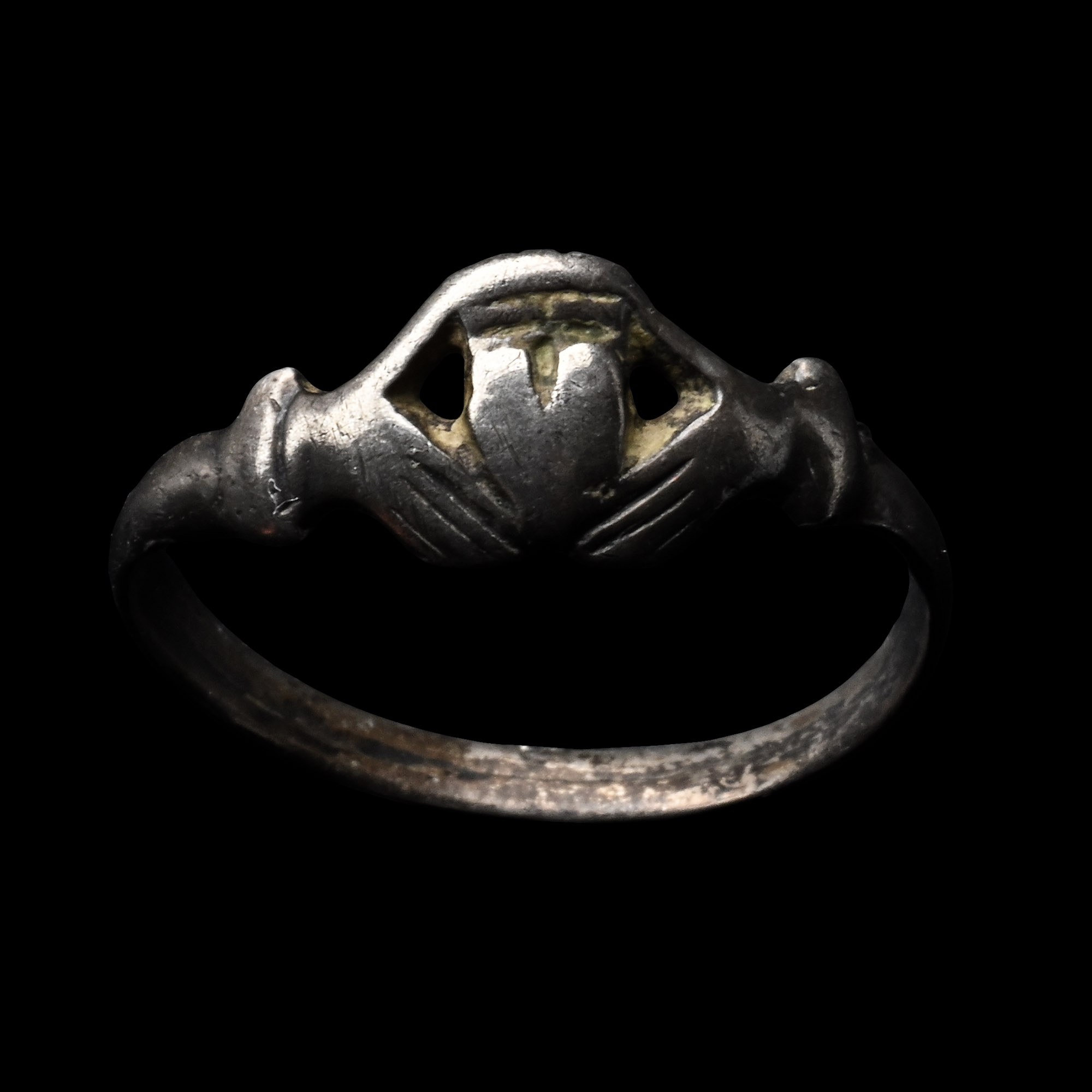 Post Medieval Silver Clasped Hands Holding Heart Ring
