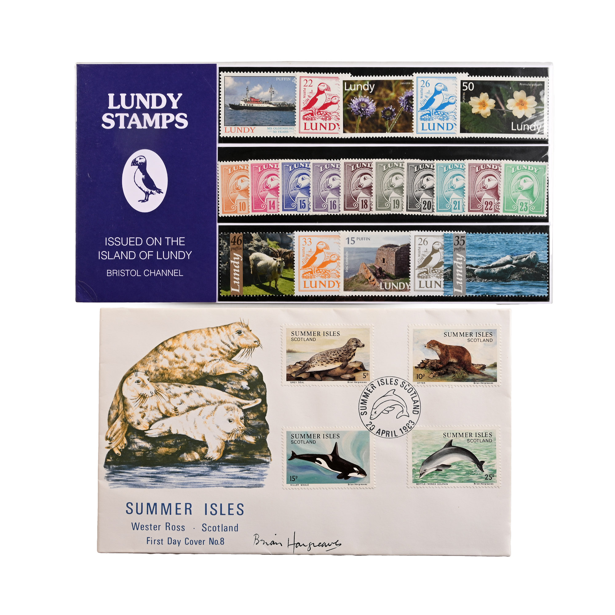 Set of Twenty [20] Mint Stamps from the Island of Lundy and Artist Signed Scotland Wildlife First Day Cover
