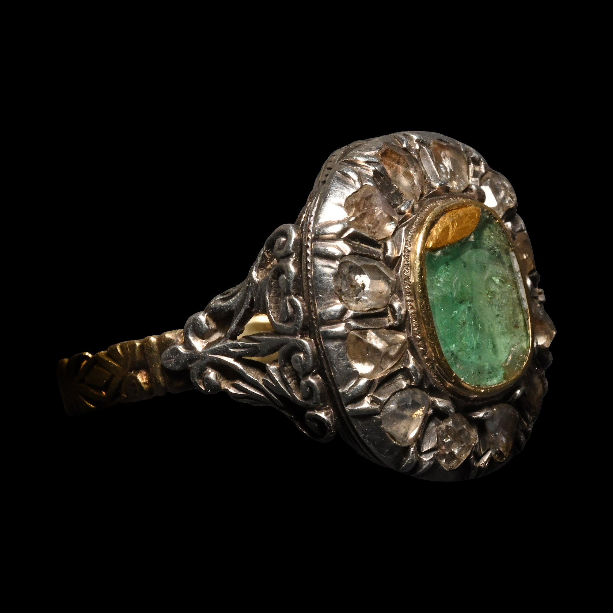 Diamond Locket Ring Set with Emerald Intaglio of Amor, God of Love, Playing Diaulos