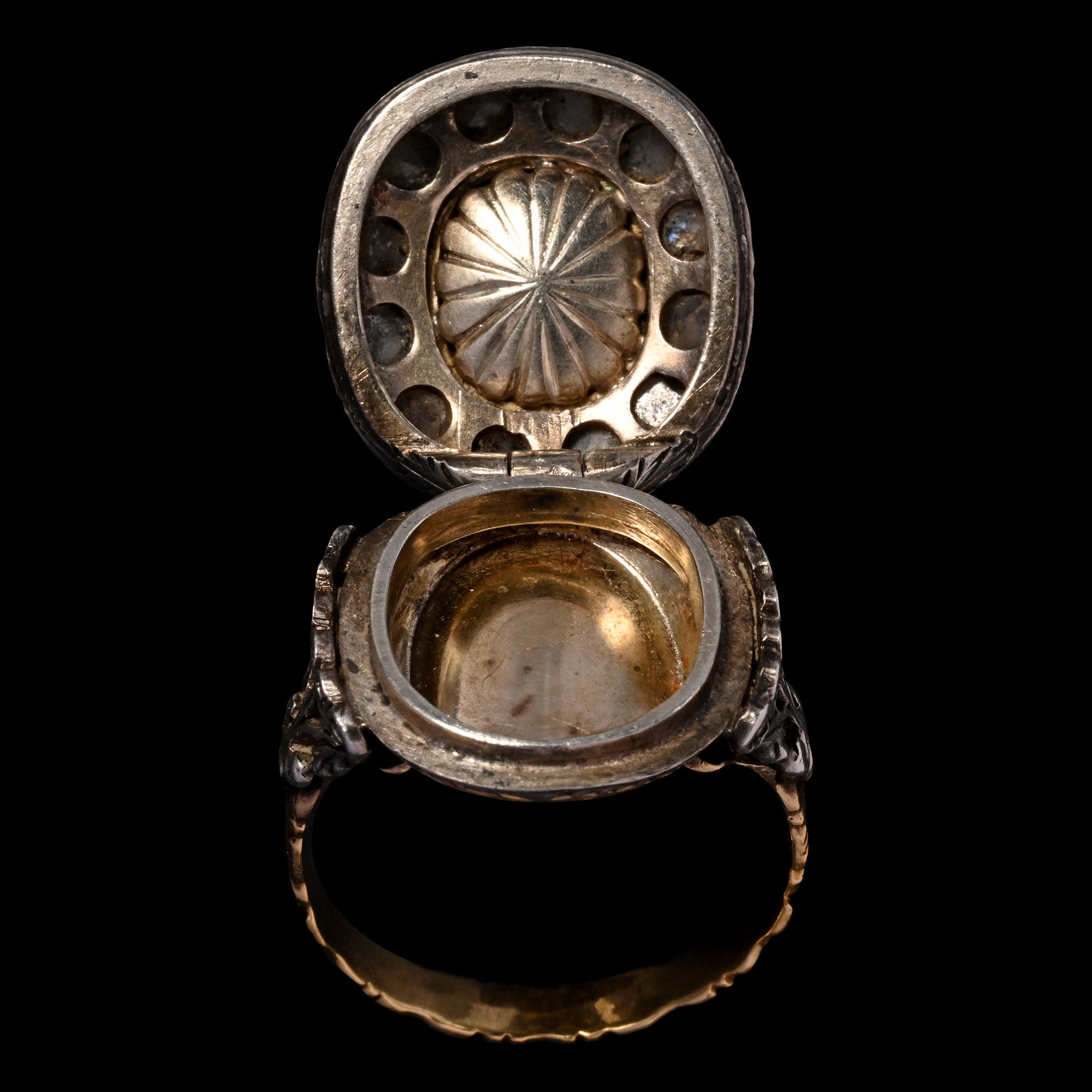 Diamond Locket Ring Set with Emerald Intaglio of Amor, God of Love, Playing Diaulos