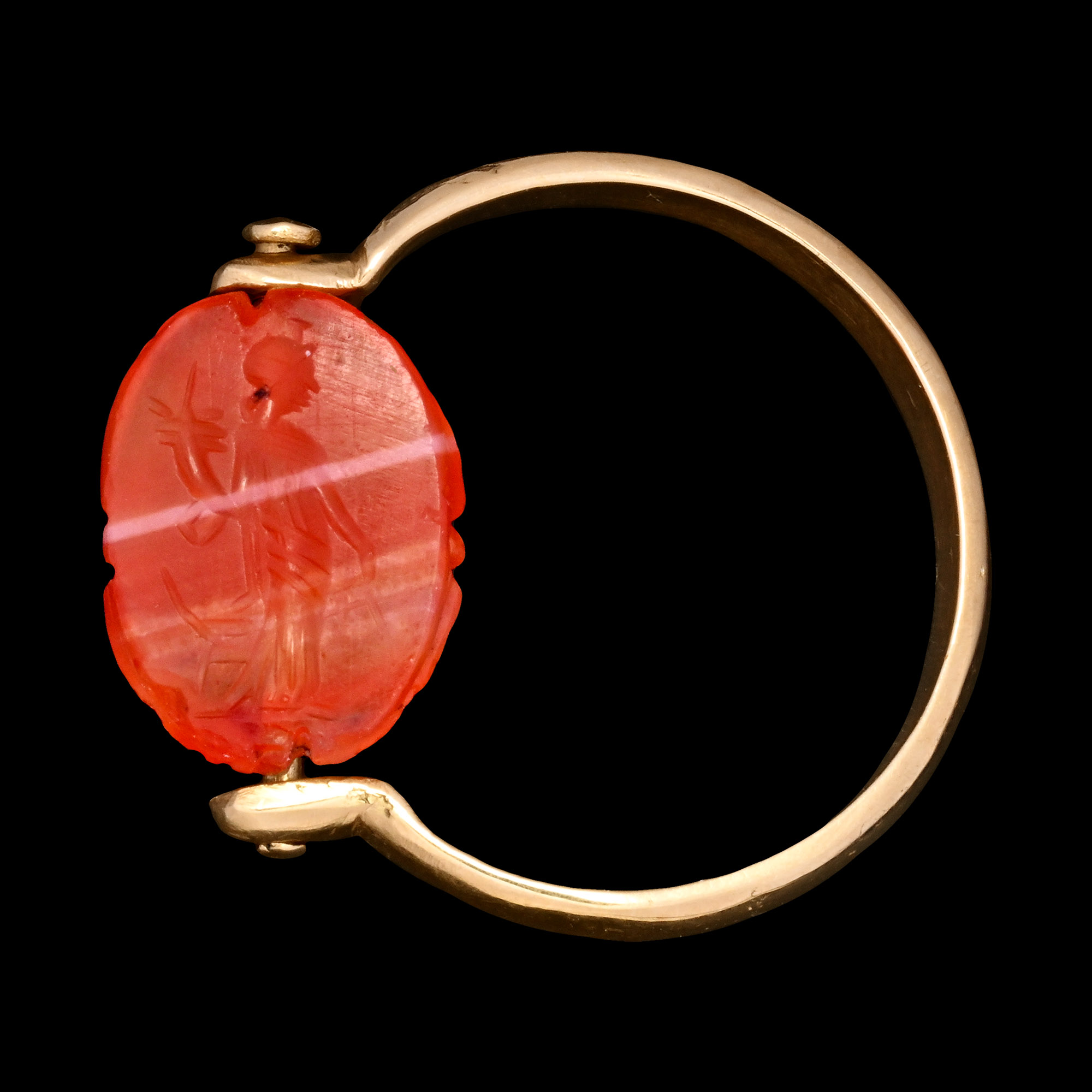 Romano-Egyptian Agate Scarab Engraved with the Goddess Fortuna Mounted in a Gold Ring