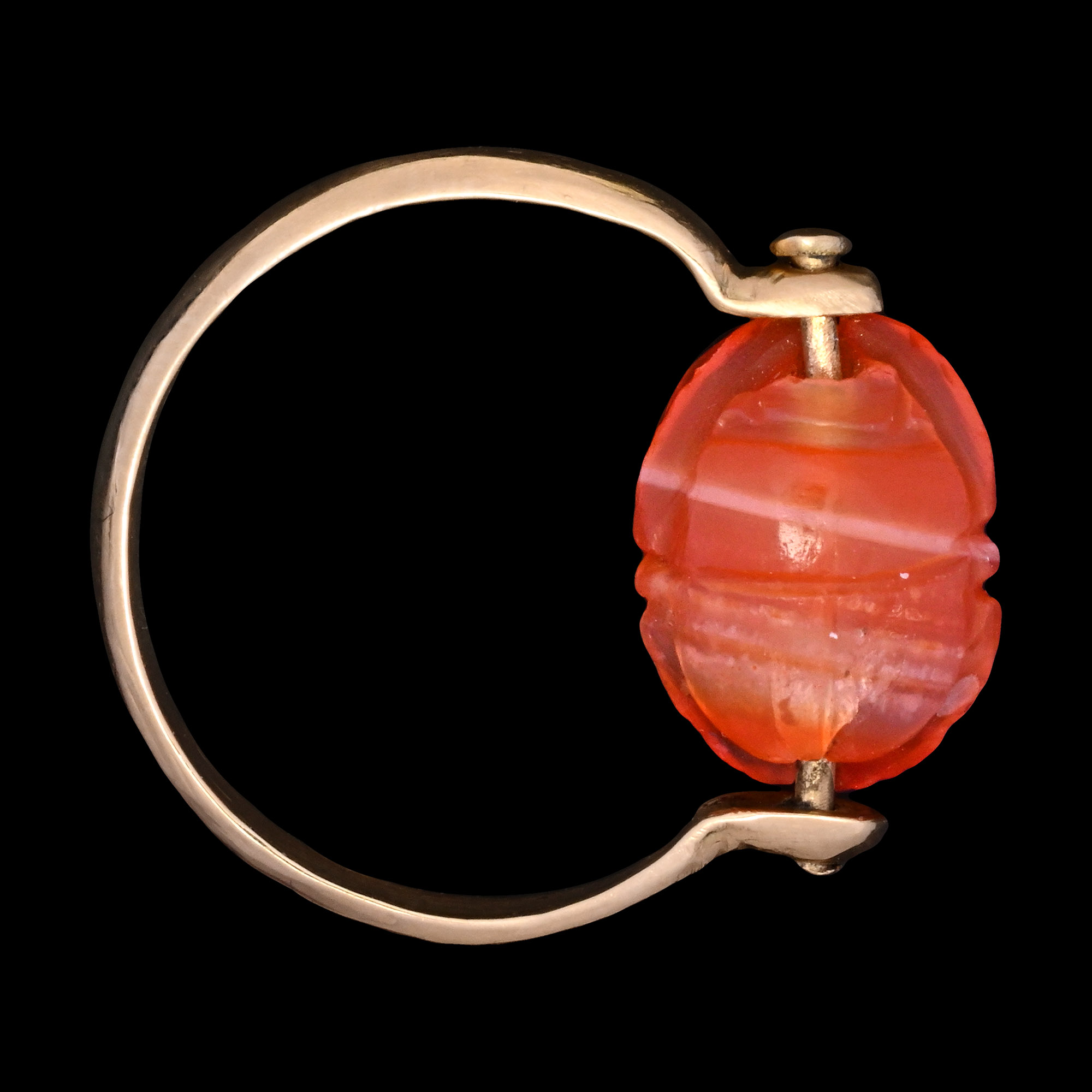 Romano-Egyptian Agate Scarab Engraved with the Goddess Fortuna Mounted in a Gold Ring
