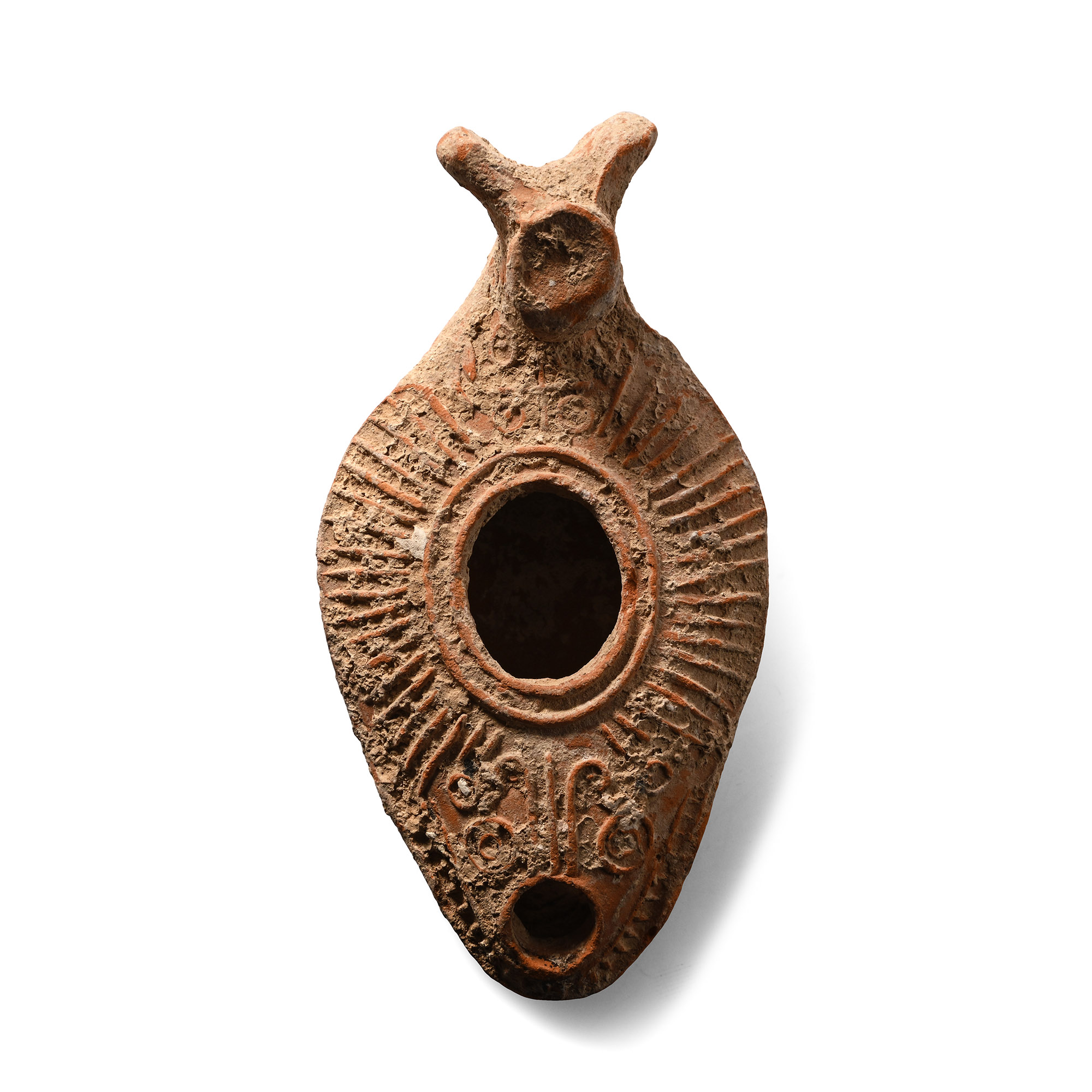 Late Roman Terracotta Slipper Oil Lamp with Animal Head Handle