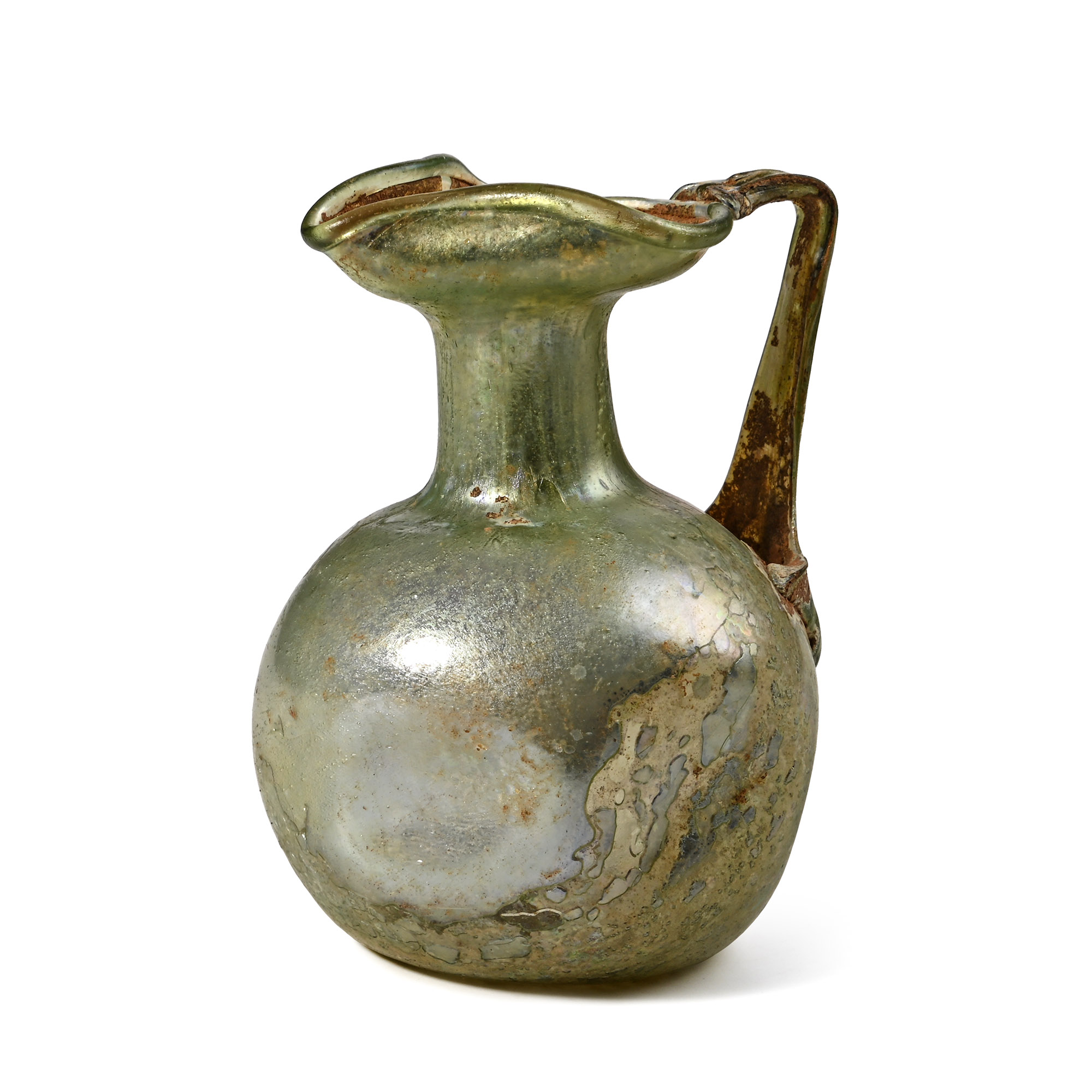 Roman Iridescent Green Glass Trefoil Oinochoe