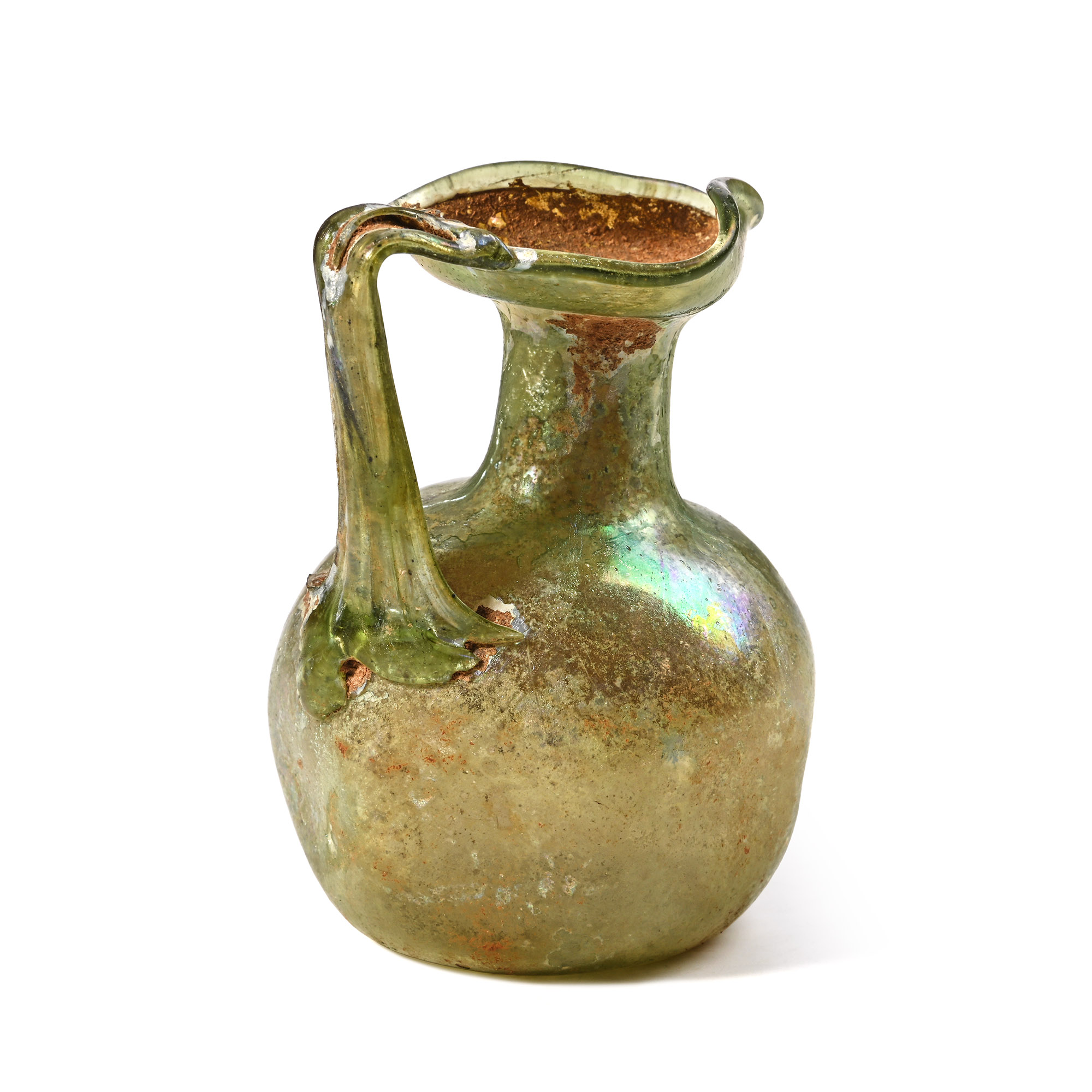 Roman Iridescent Green Glass Trefoil Oinochoe