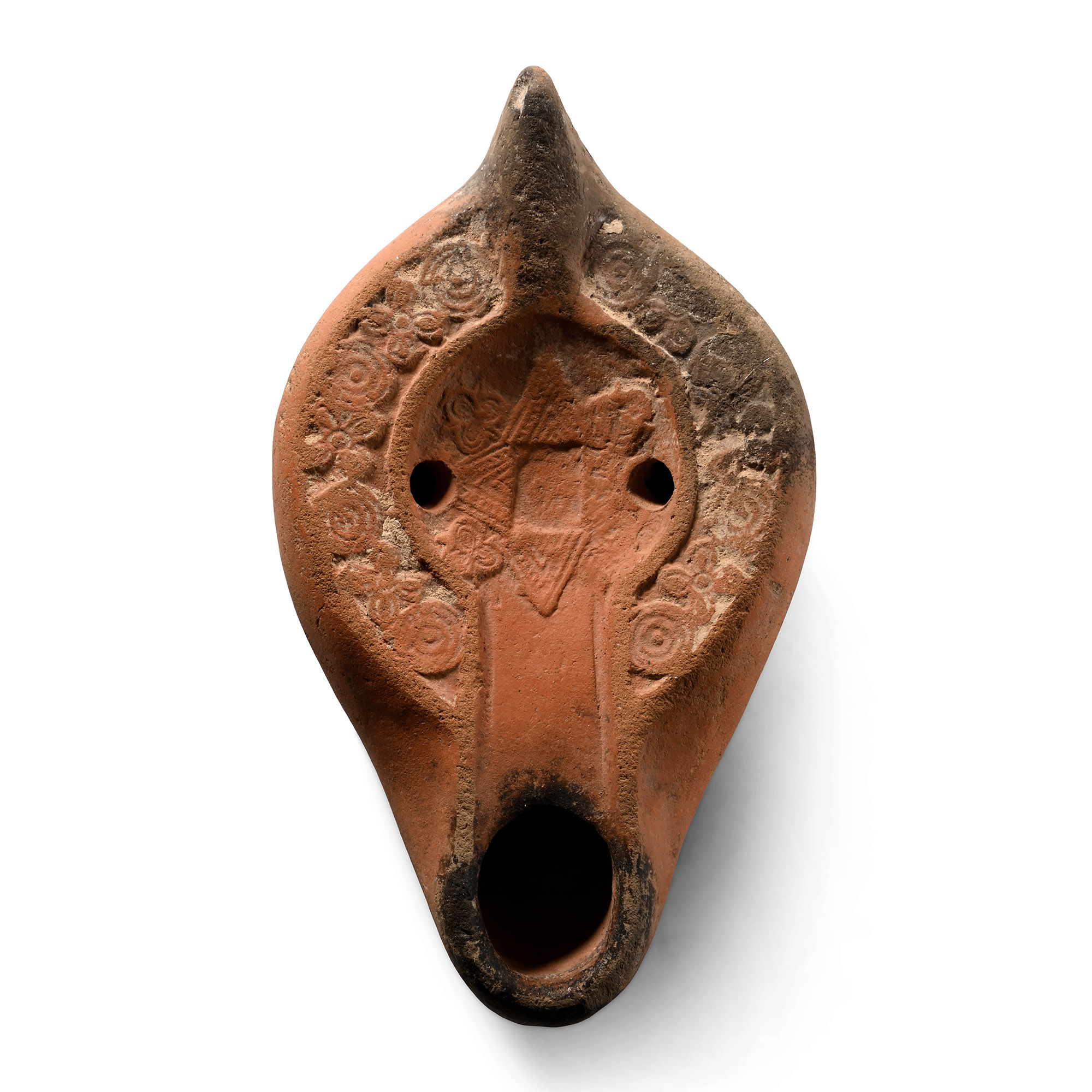 Large Late Roman Terracotta Oil Lamp with Floral Design
