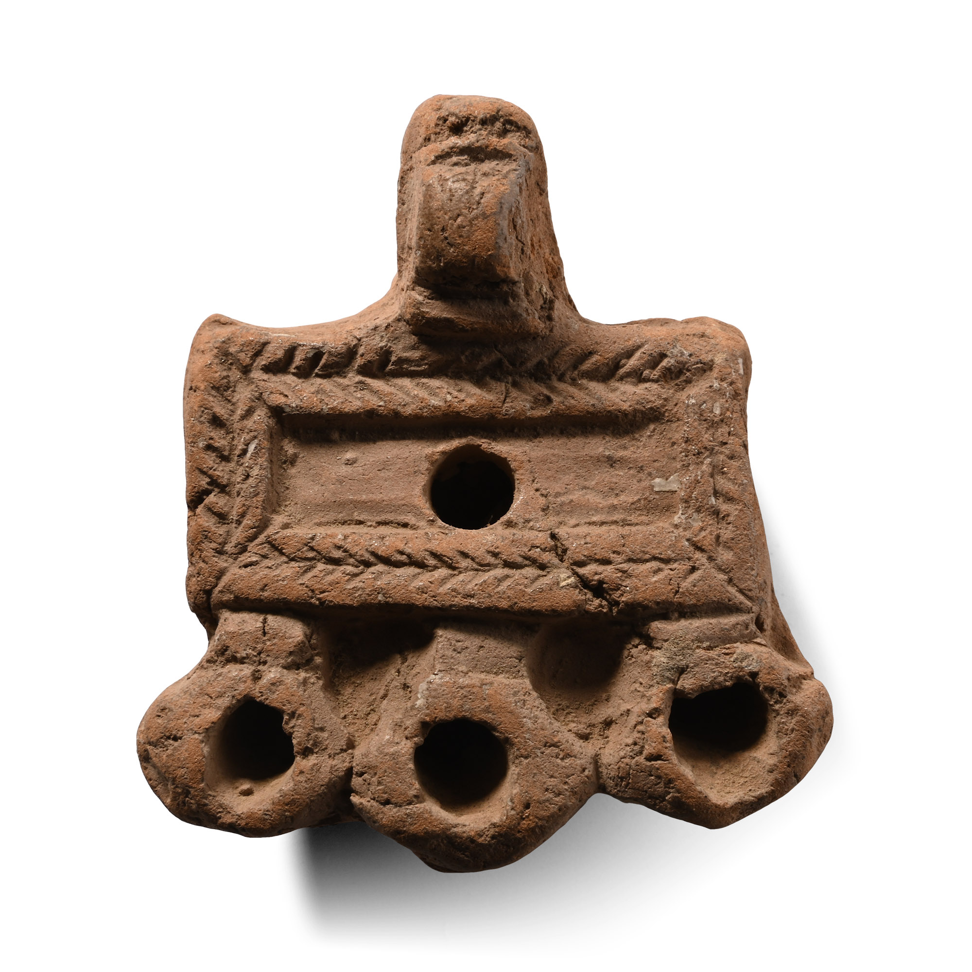 Romano-Jewish Terracotta Oil Lamp with Three Spouts