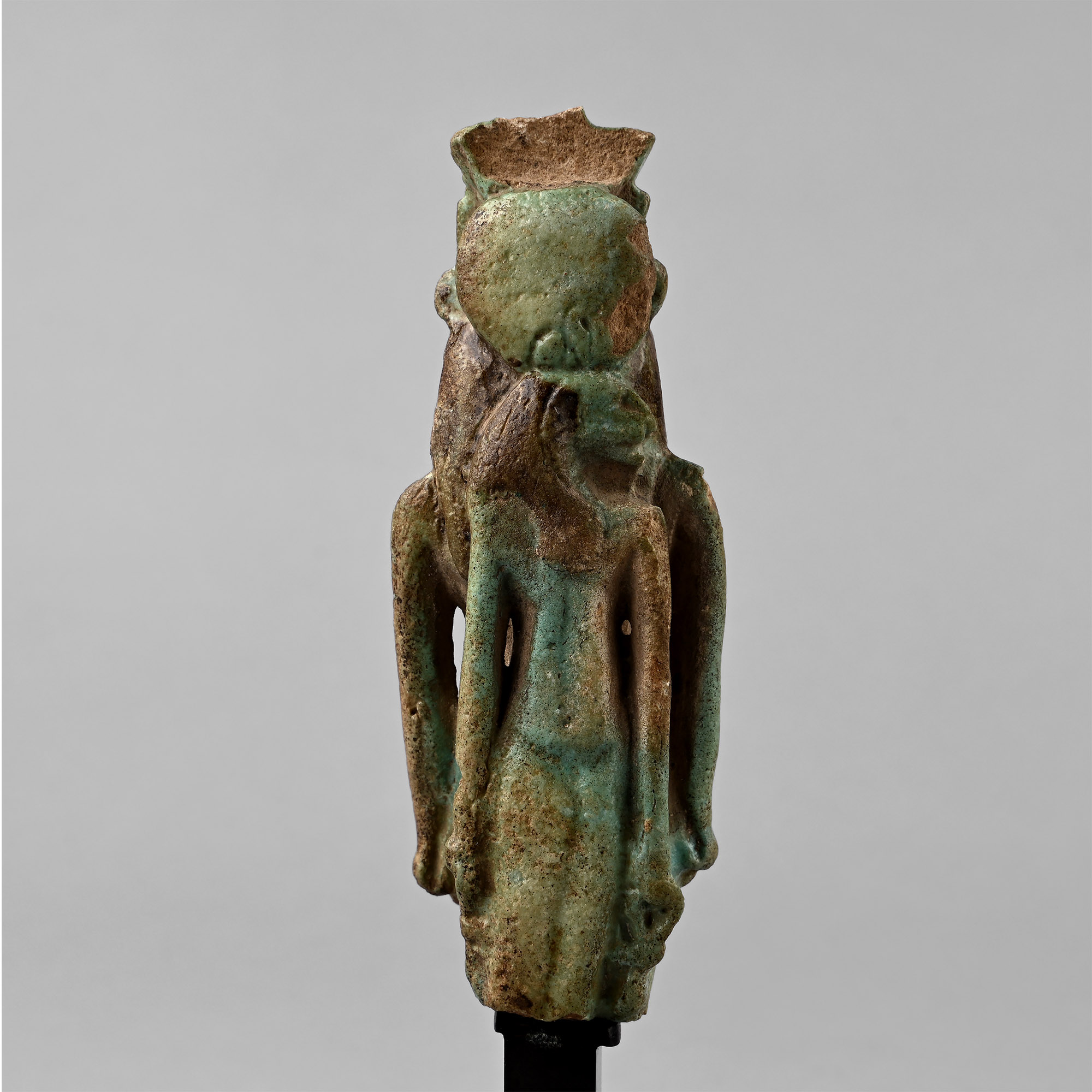 Large Egyptian Green Faience Figure of Nefertum with Figure of Sekhmet to the Reverse