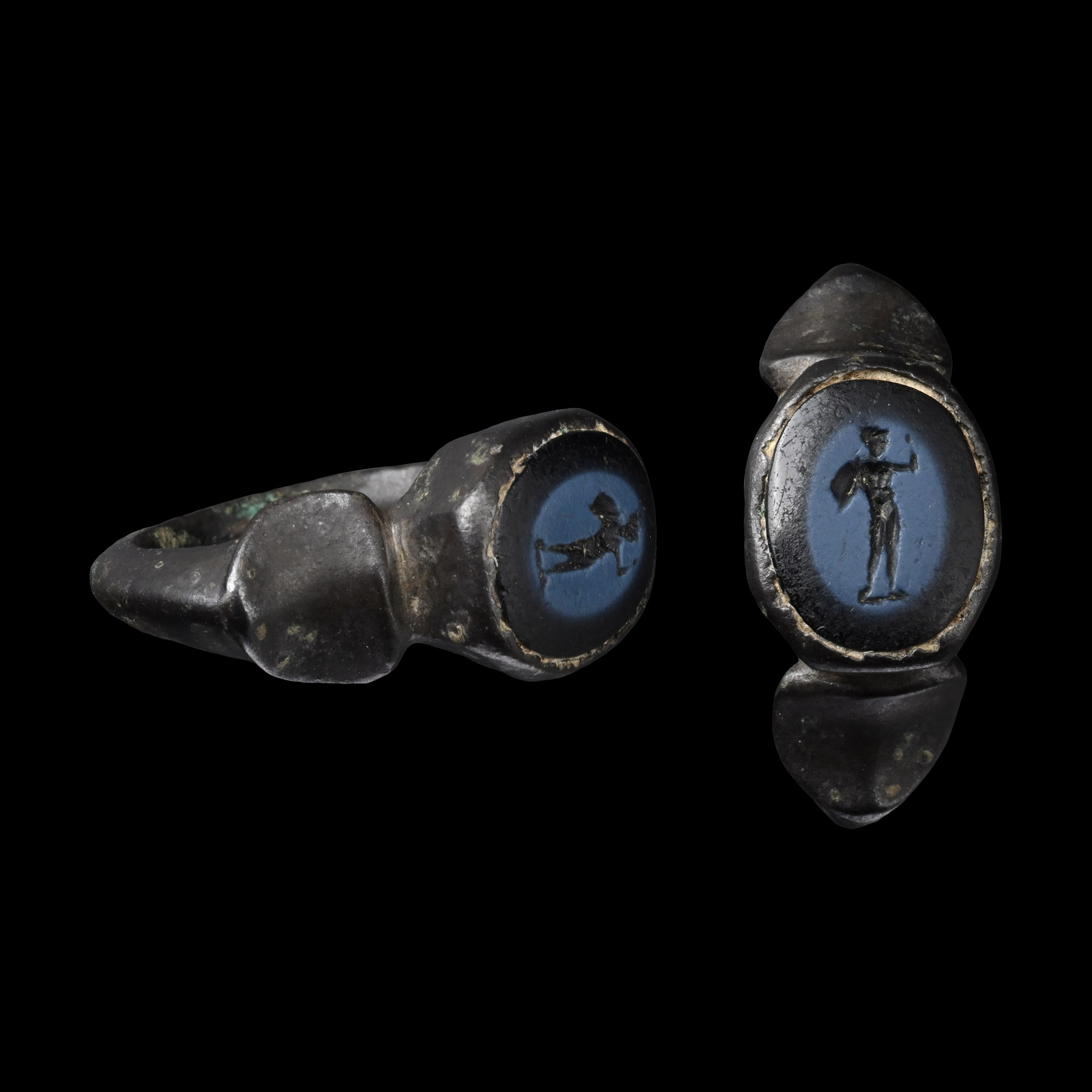 Roman Bronze Military Ring with Nicolo Mercury Gemstone
