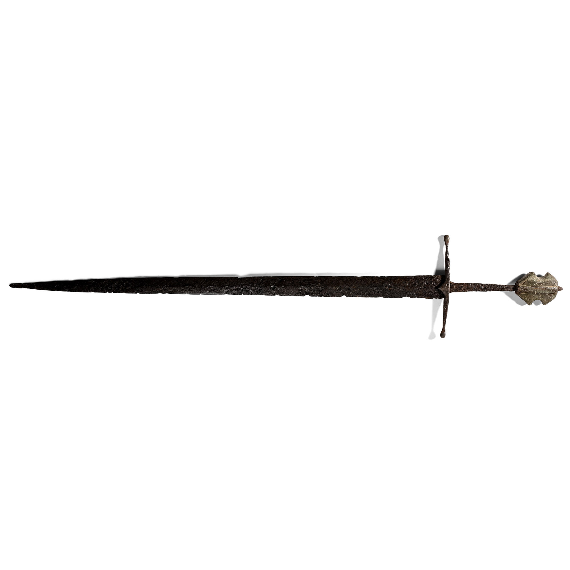 Medieval Iron Single-Handed Sword with Decorated Bronze Pommel