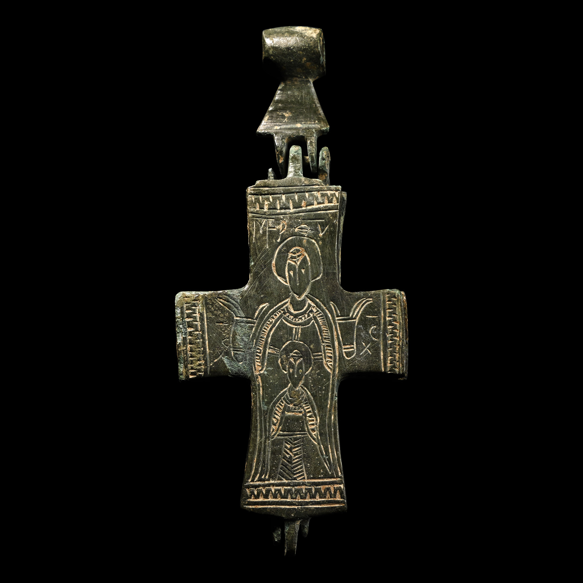 Large Byzantine Bronze Reliquary Cross Pendant with Saint George and Mary