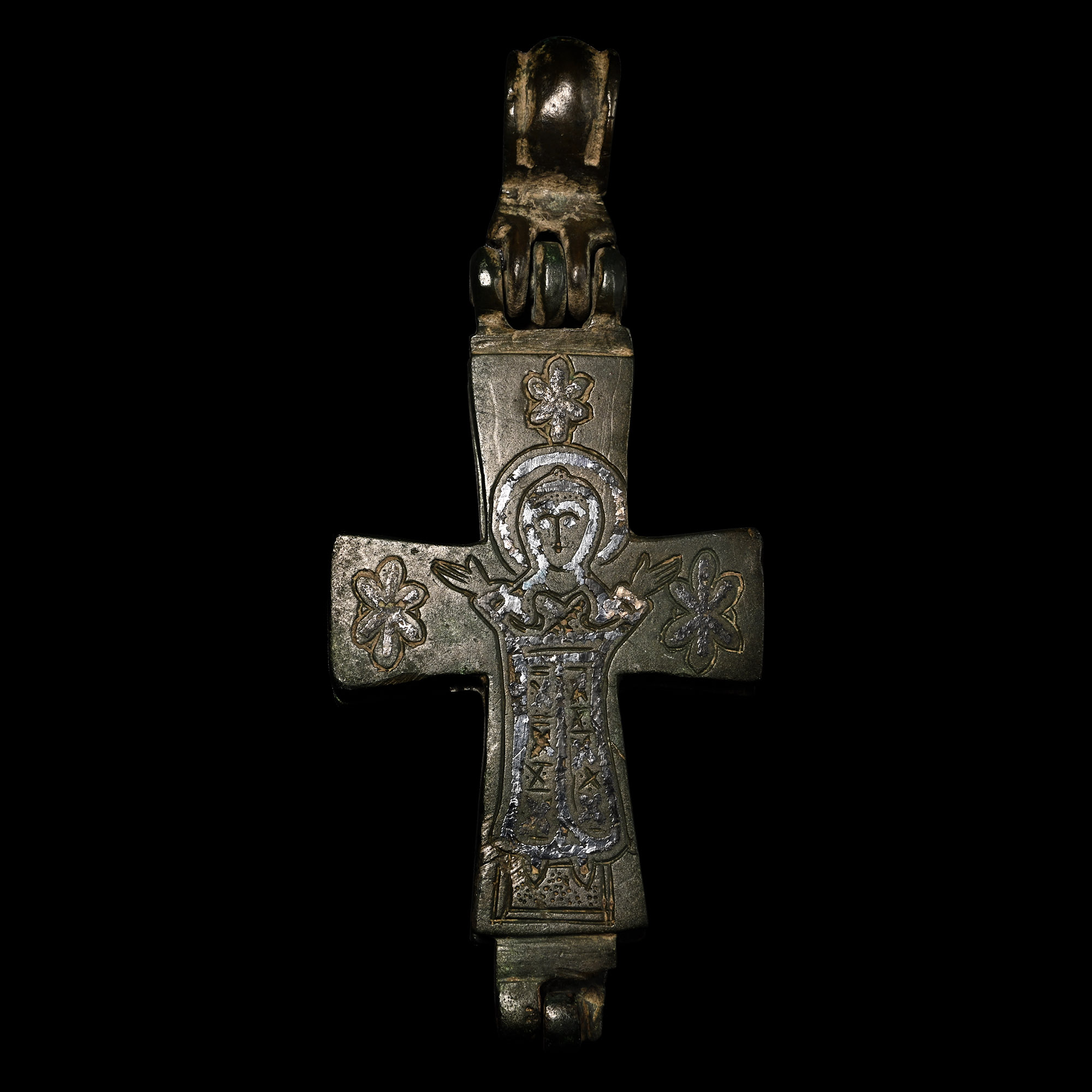 Large Byzantine Bronze Reliquary Cross Pendant with Christ