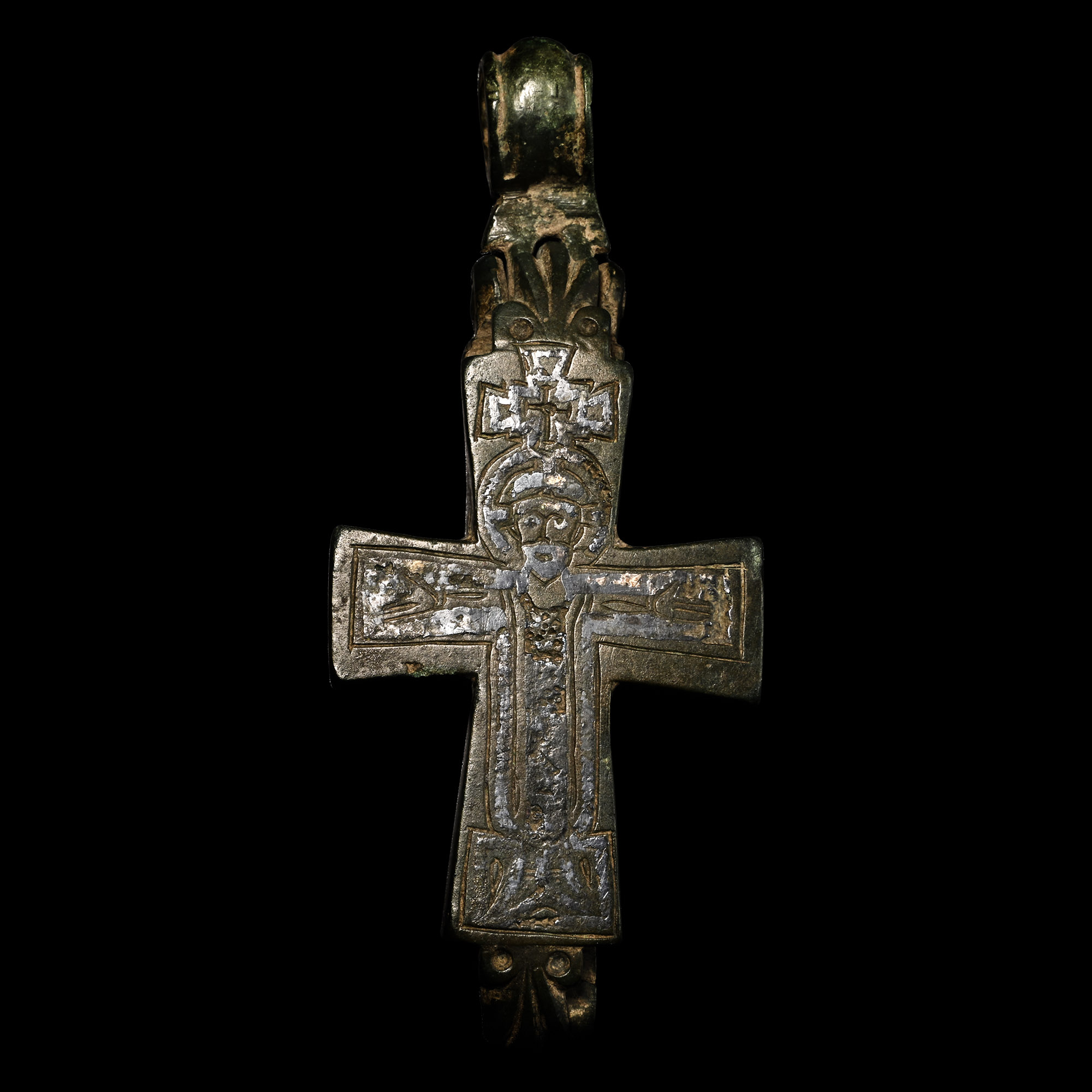 Large Byzantine Bronze Reliquary Cross Pendant with Christ