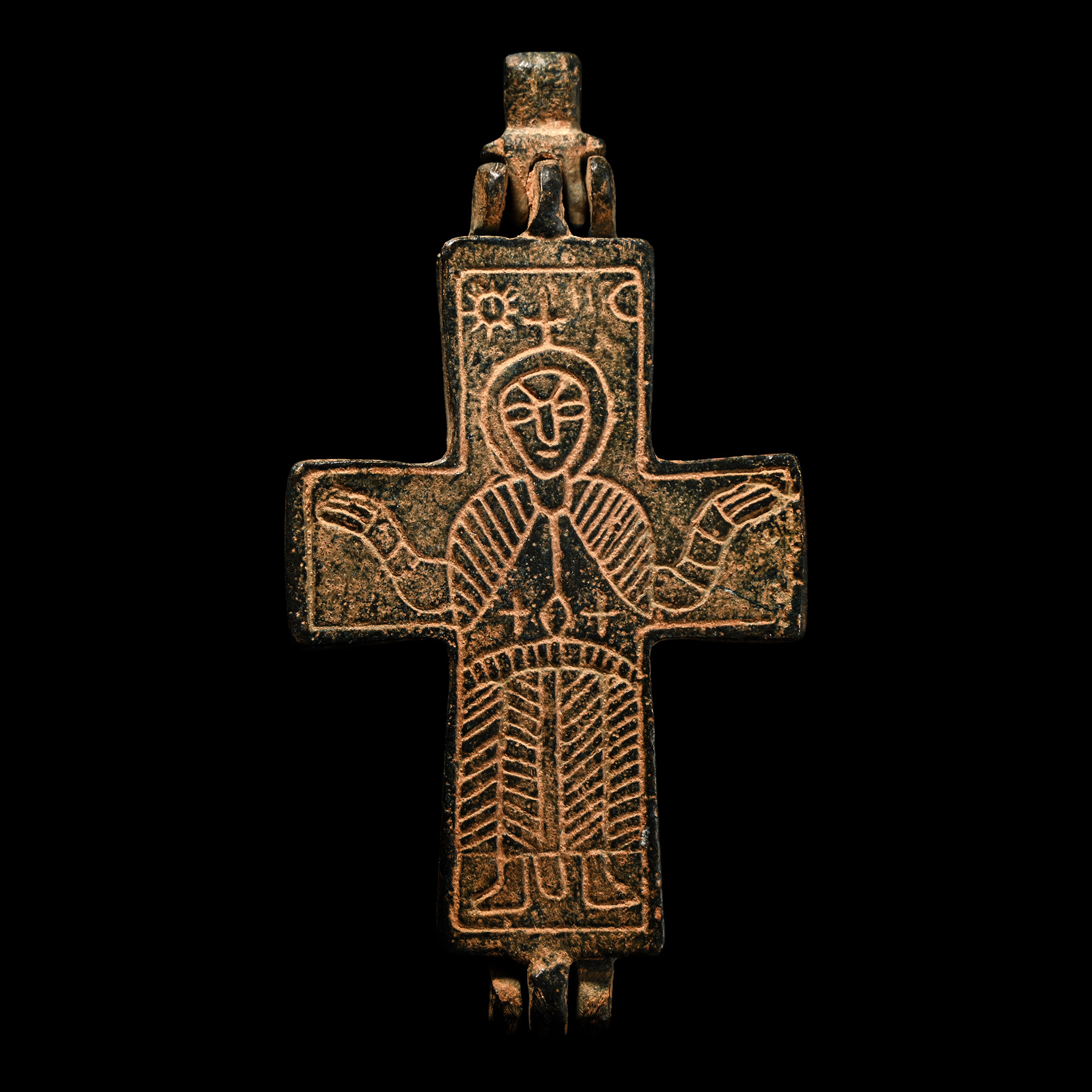 Large Byzantine Bronze Reliquary Cross Pendant with Christ