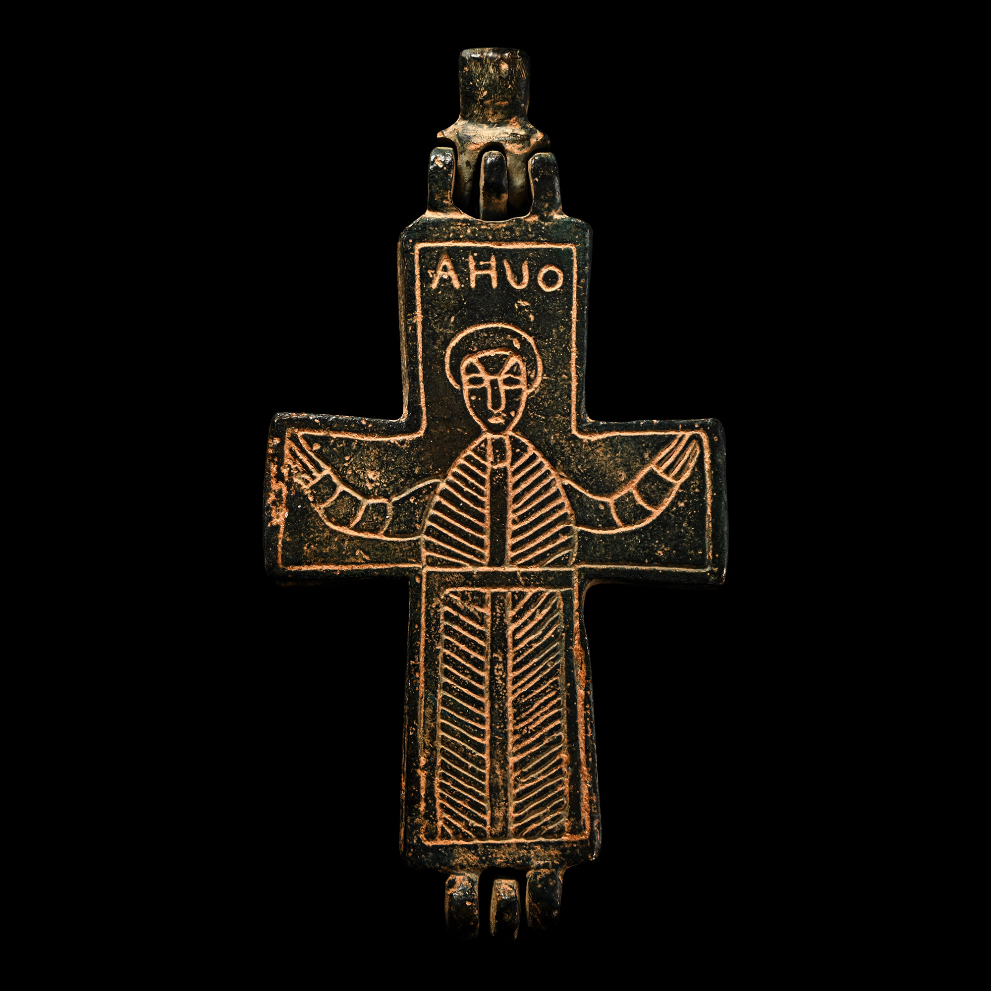 Large Byzantine Bronze Reliquary Cross Pendant with Christ