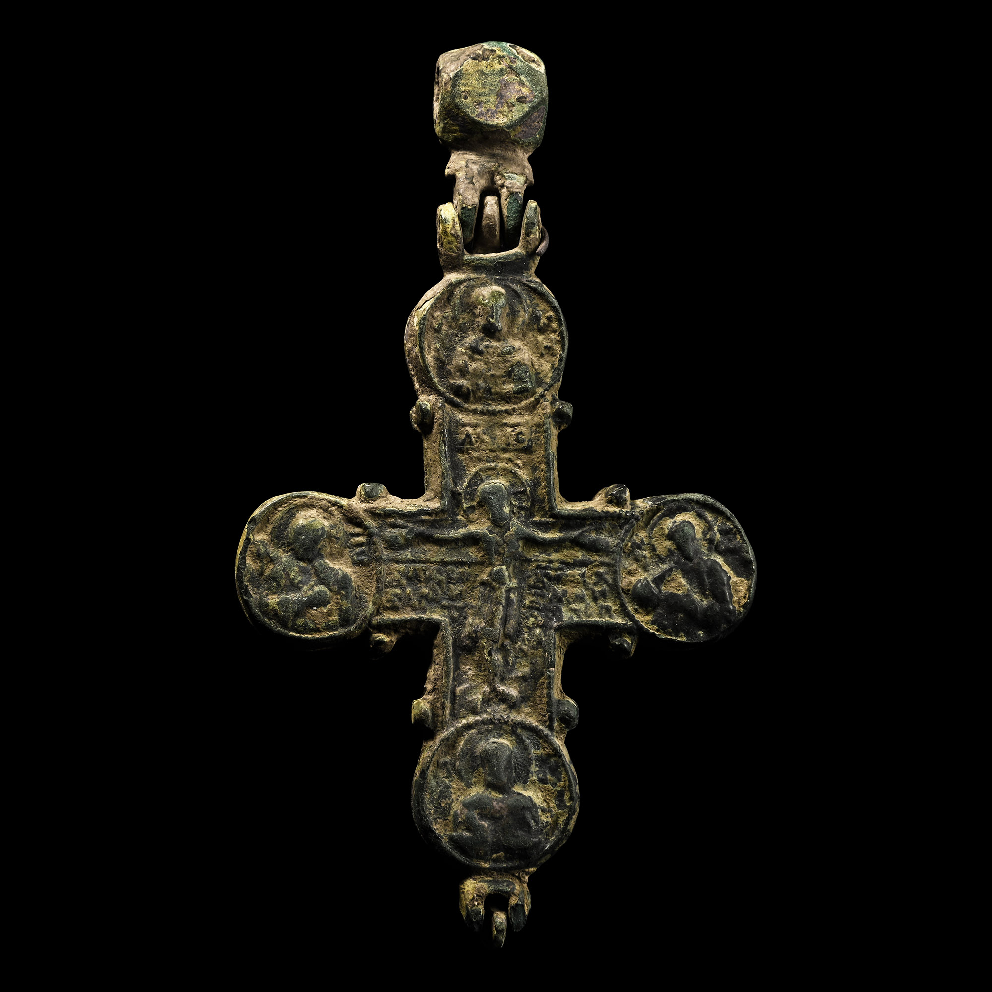 Large Byzantine Bronze Reliquary Cross Pendant with Christ and Saints