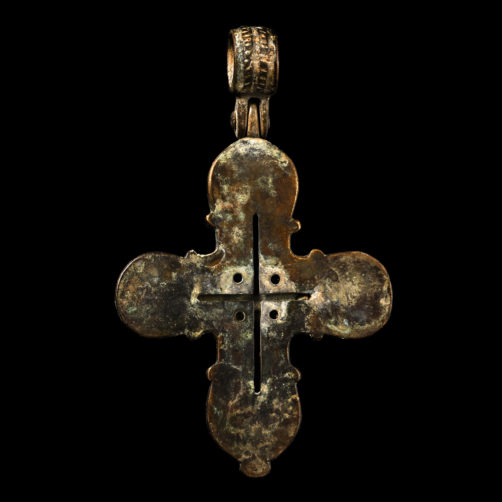 Large Byzantine Bronze Cross Pendant with Christ and Saints