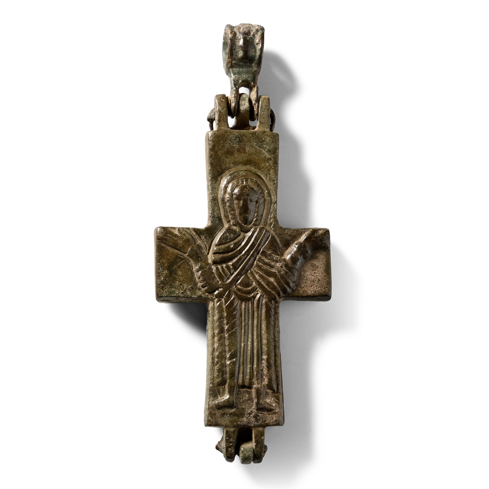 Large Byzantine Bronze Reliquary Cross Pendant with Christ and Saint