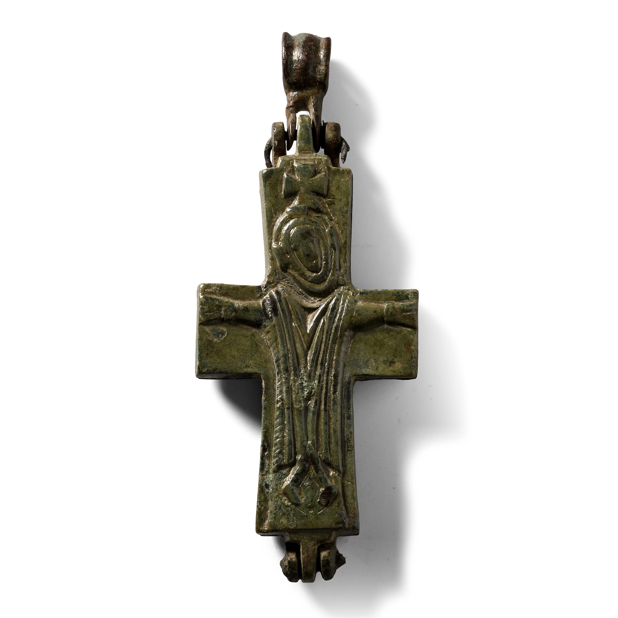 Large Byzantine Bronze Reliquary Cross Pendant with Christ and Saint