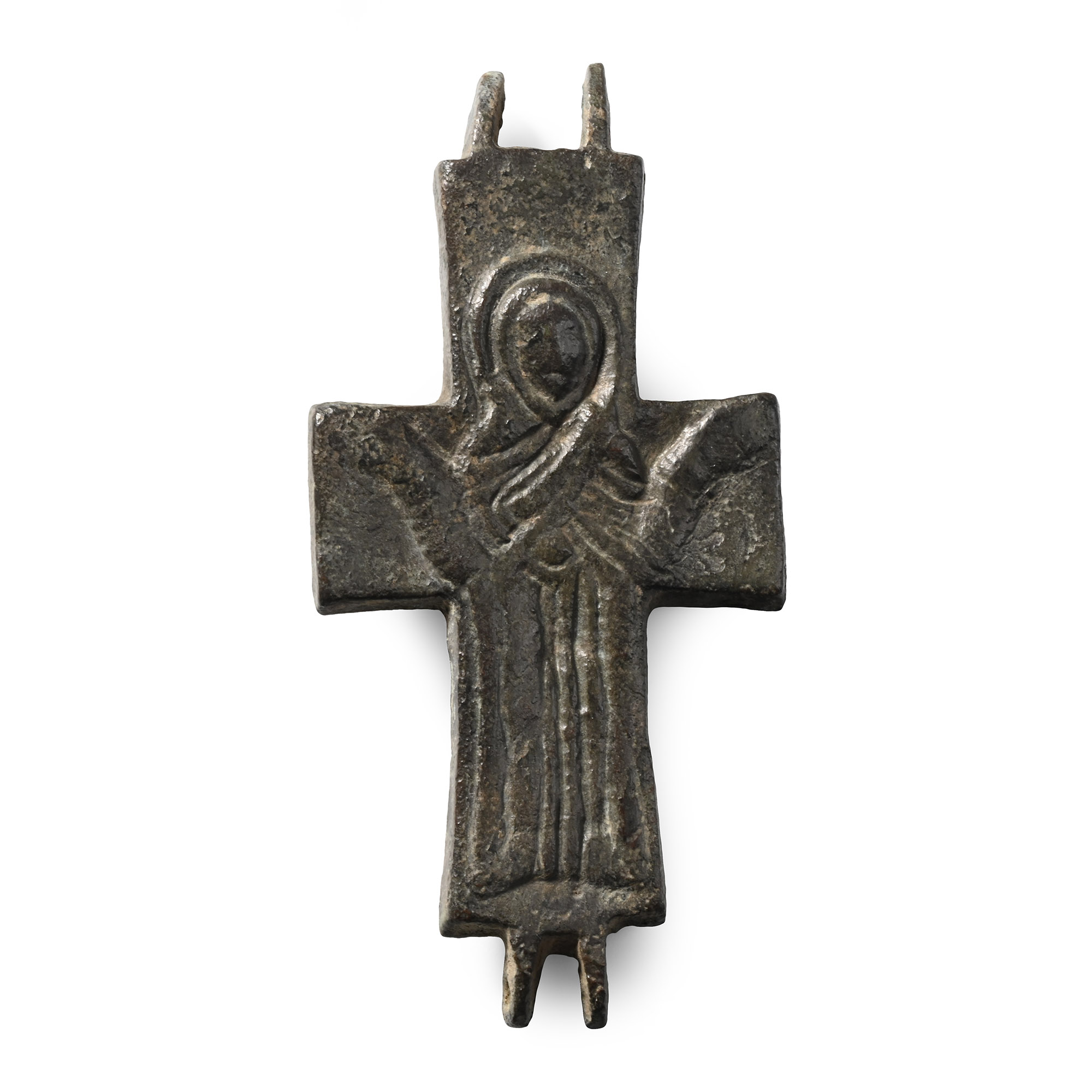 Large Byzantine Bronze Reliquary Cross Pendant Plate with Saint