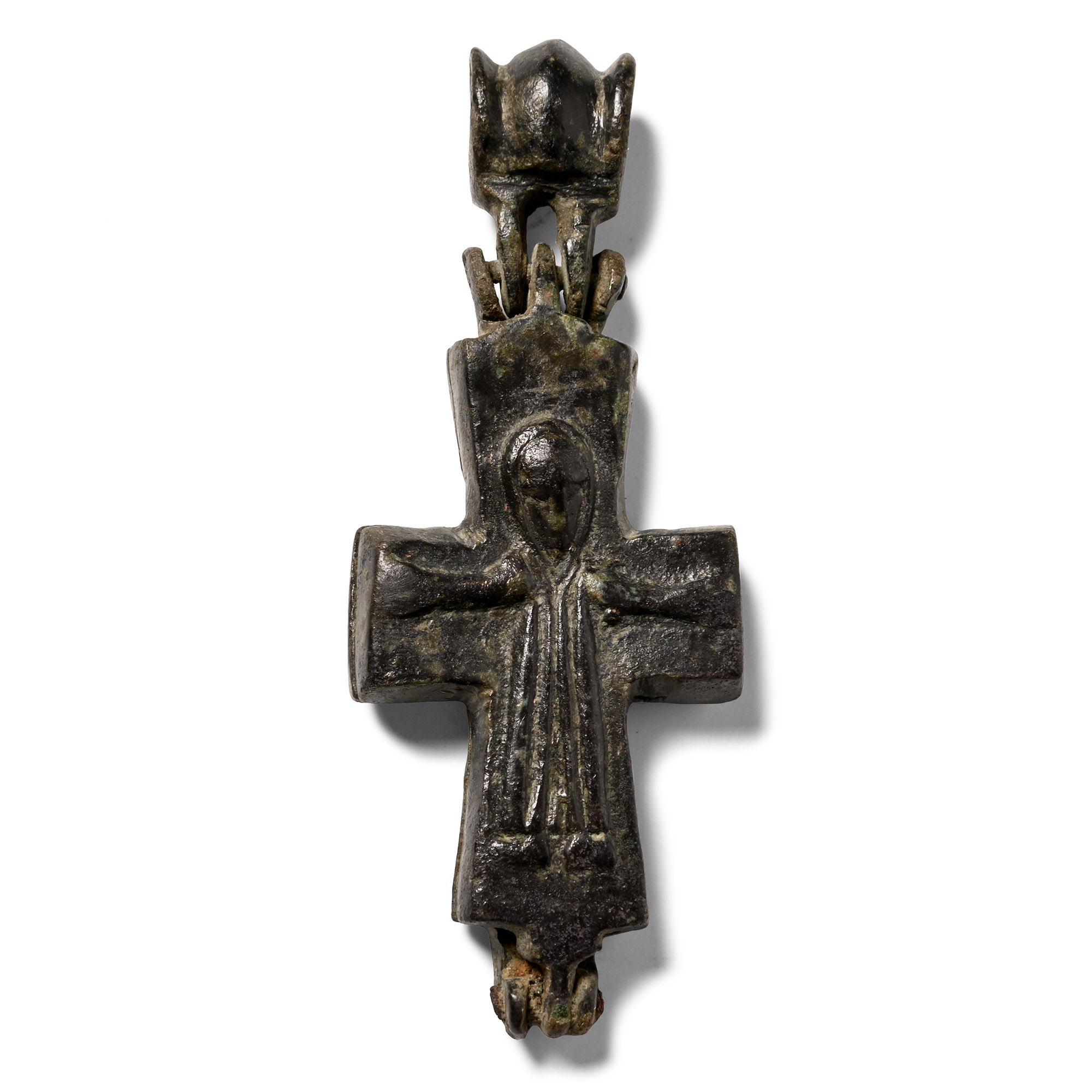 Byzantine Bronze Reliquary Cross Pendant with Saints
