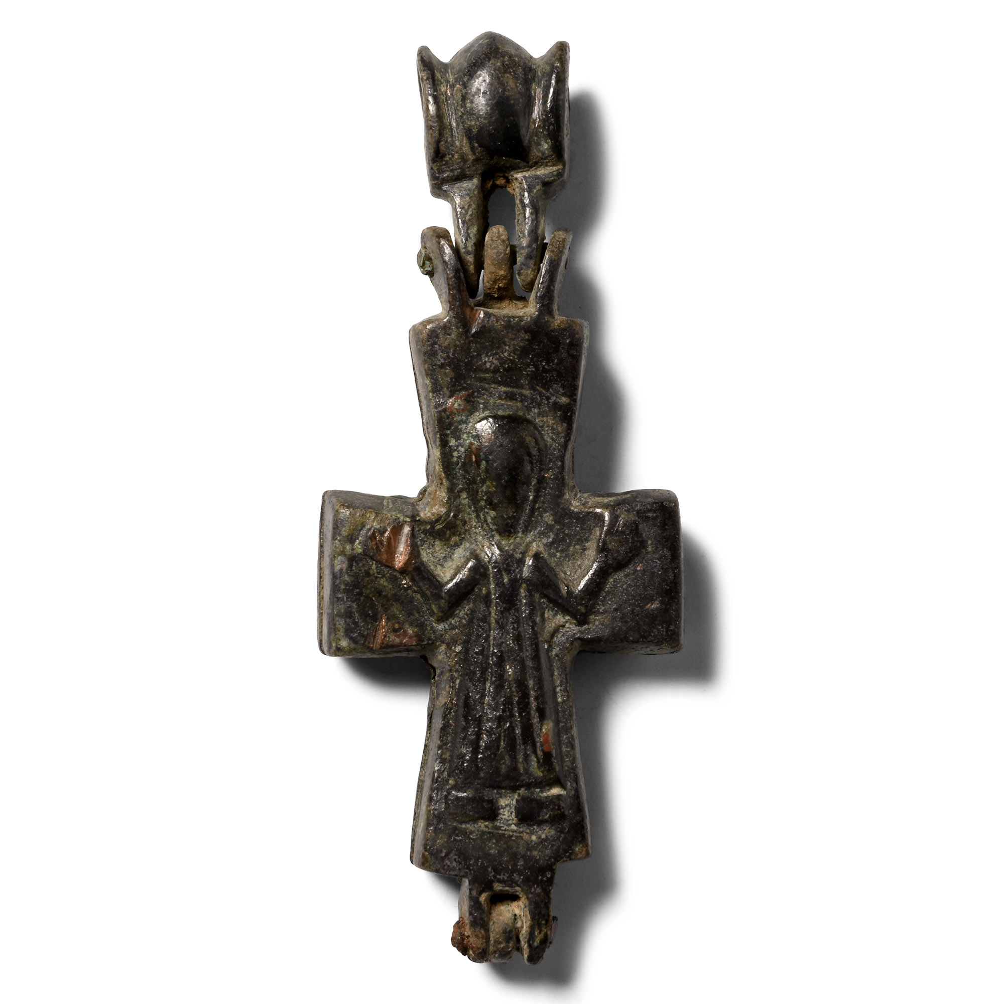Byzantine Bronze Reliquary Cross Pendant with Saints