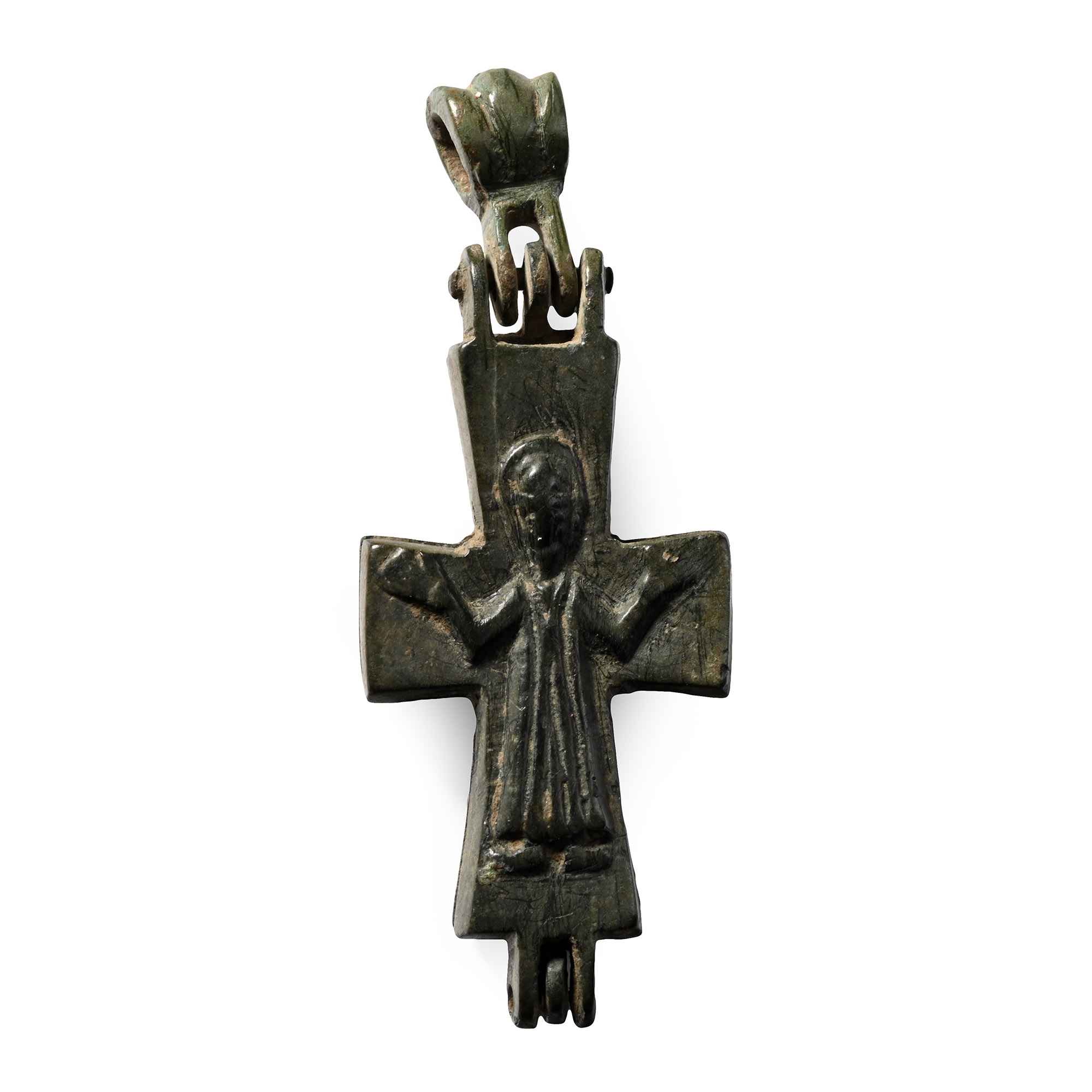 Byzantine Bronze Reliquary Cross Pendant with Saints