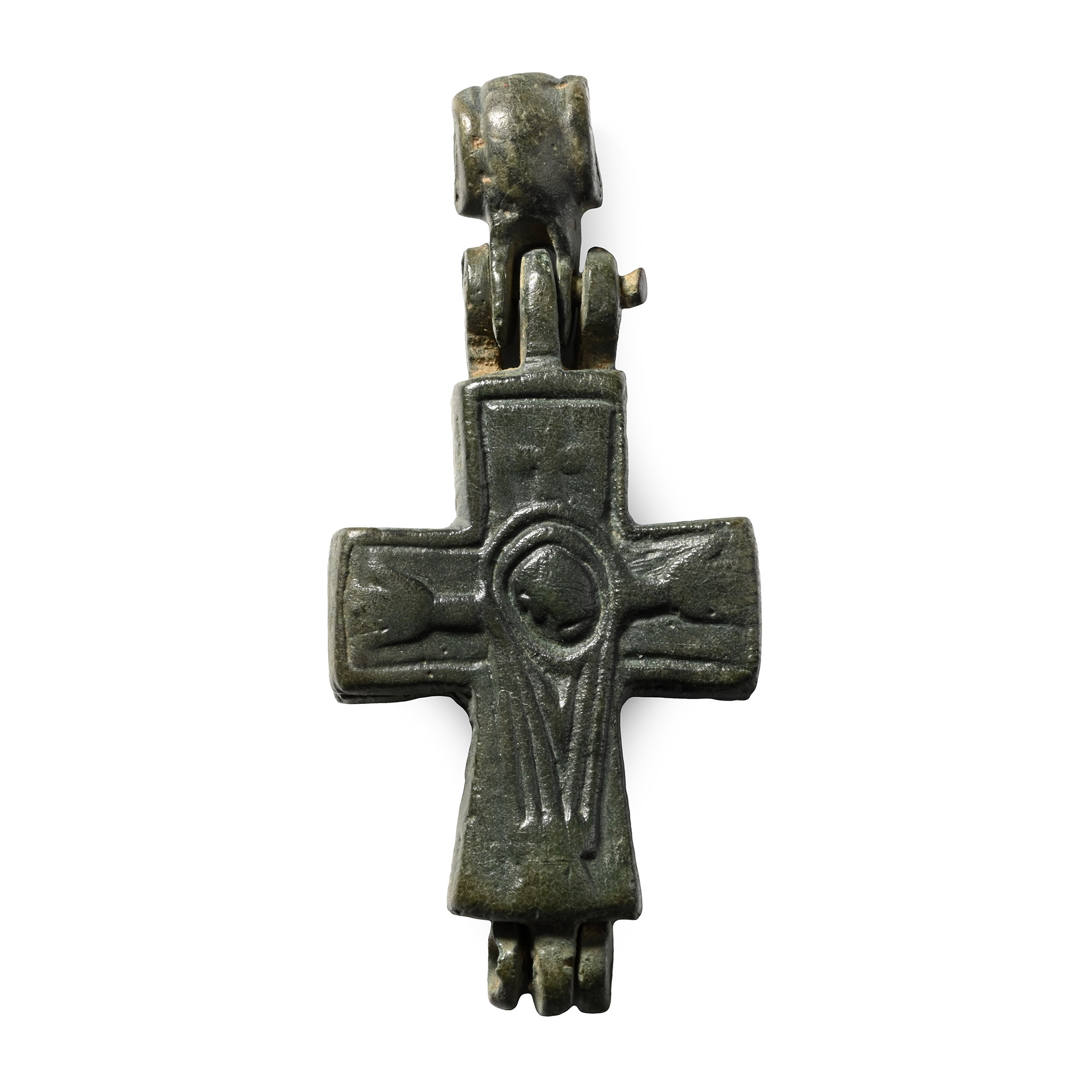 Byzantine Bronze Reliquary Cross Pendant with Saints