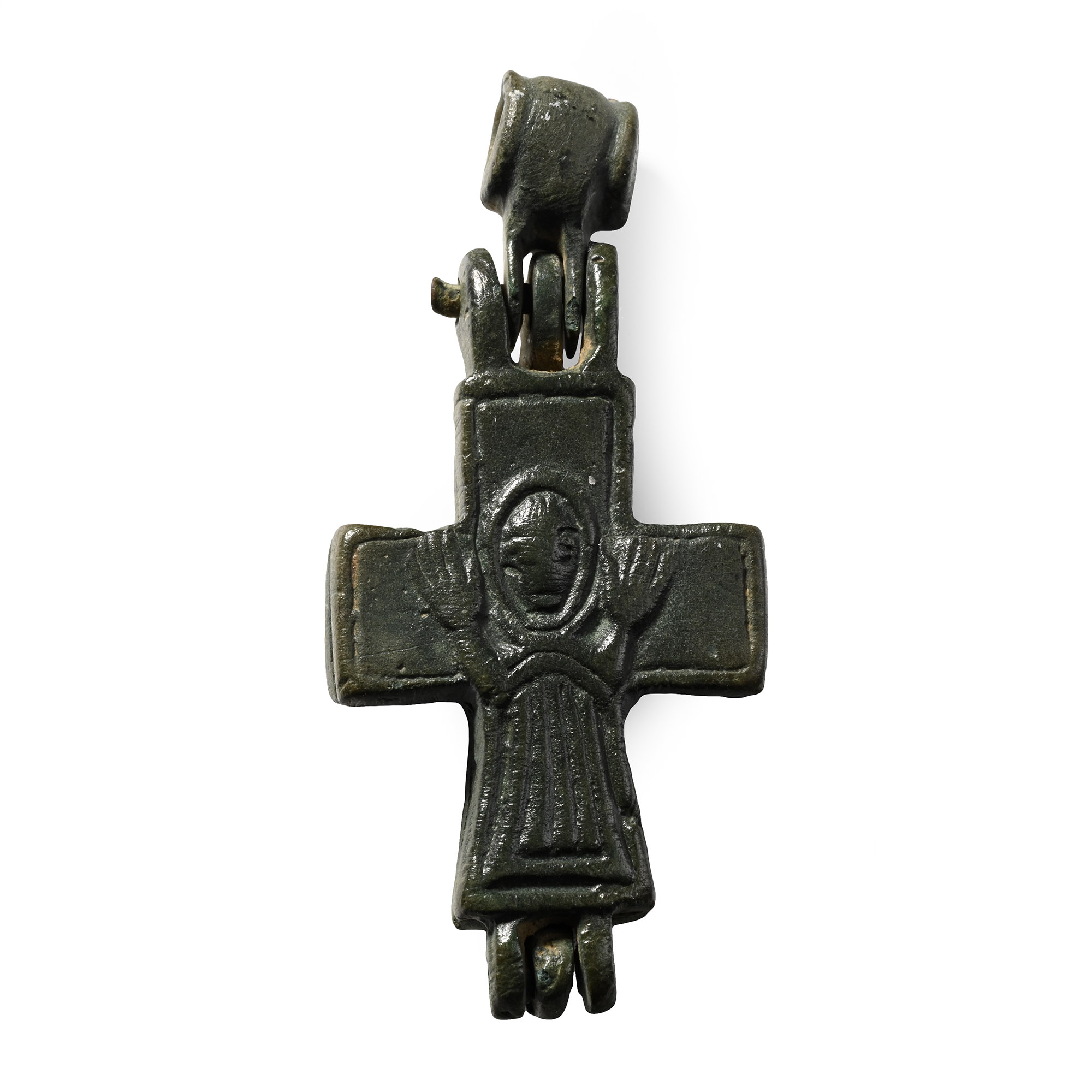 Byzantine Bronze Reliquary Cross Pendant with Saints