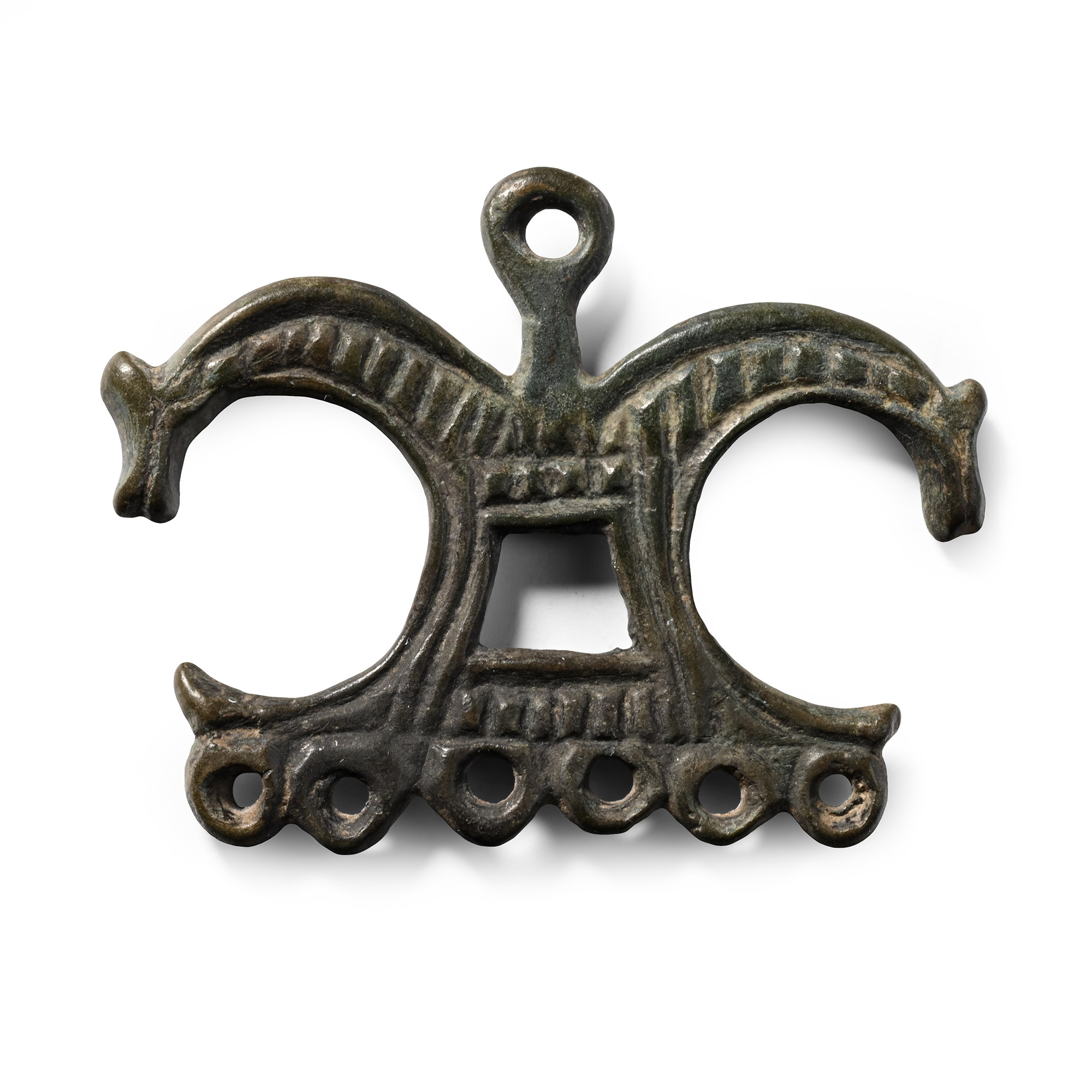 Viking Age Bronze Pendant Hanger with Horse Heads
