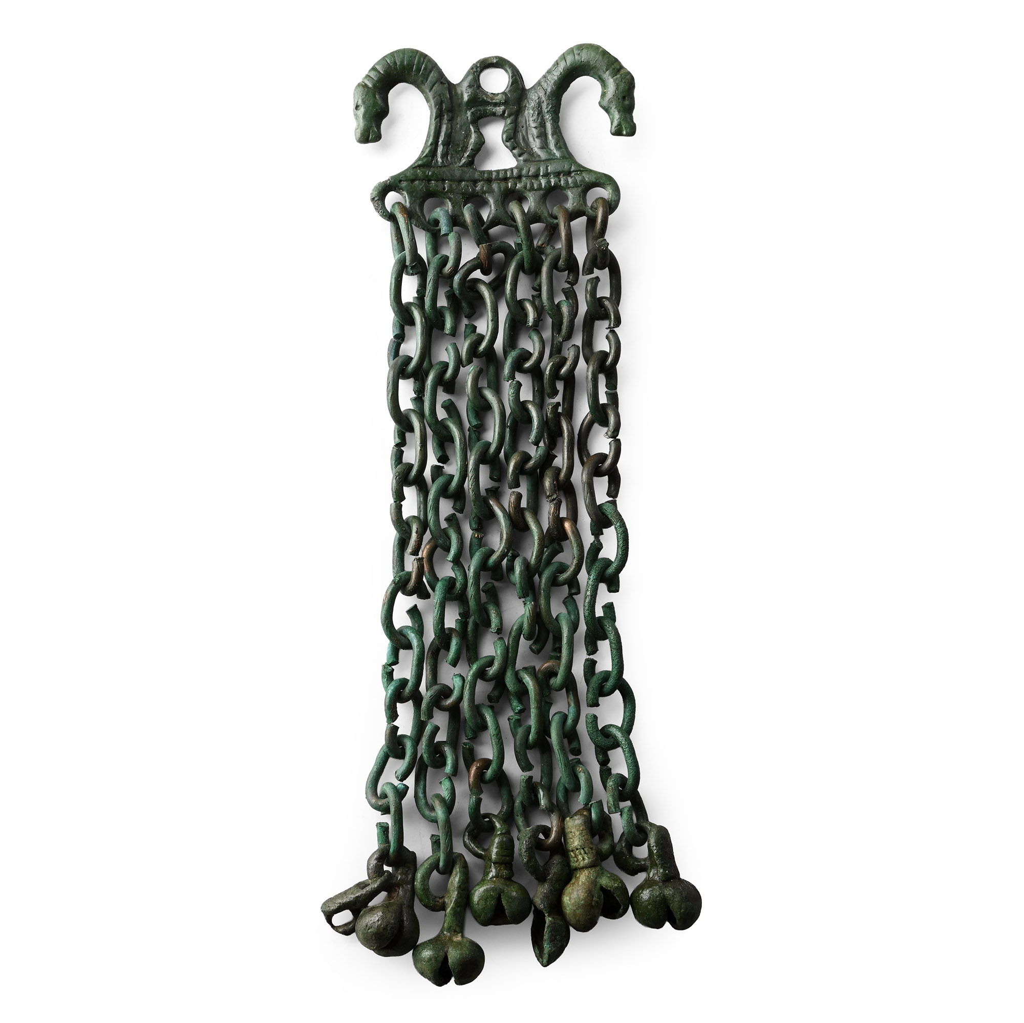 Viking Age Bronze Pendant Hanger with Horse Heads and Chain Drops