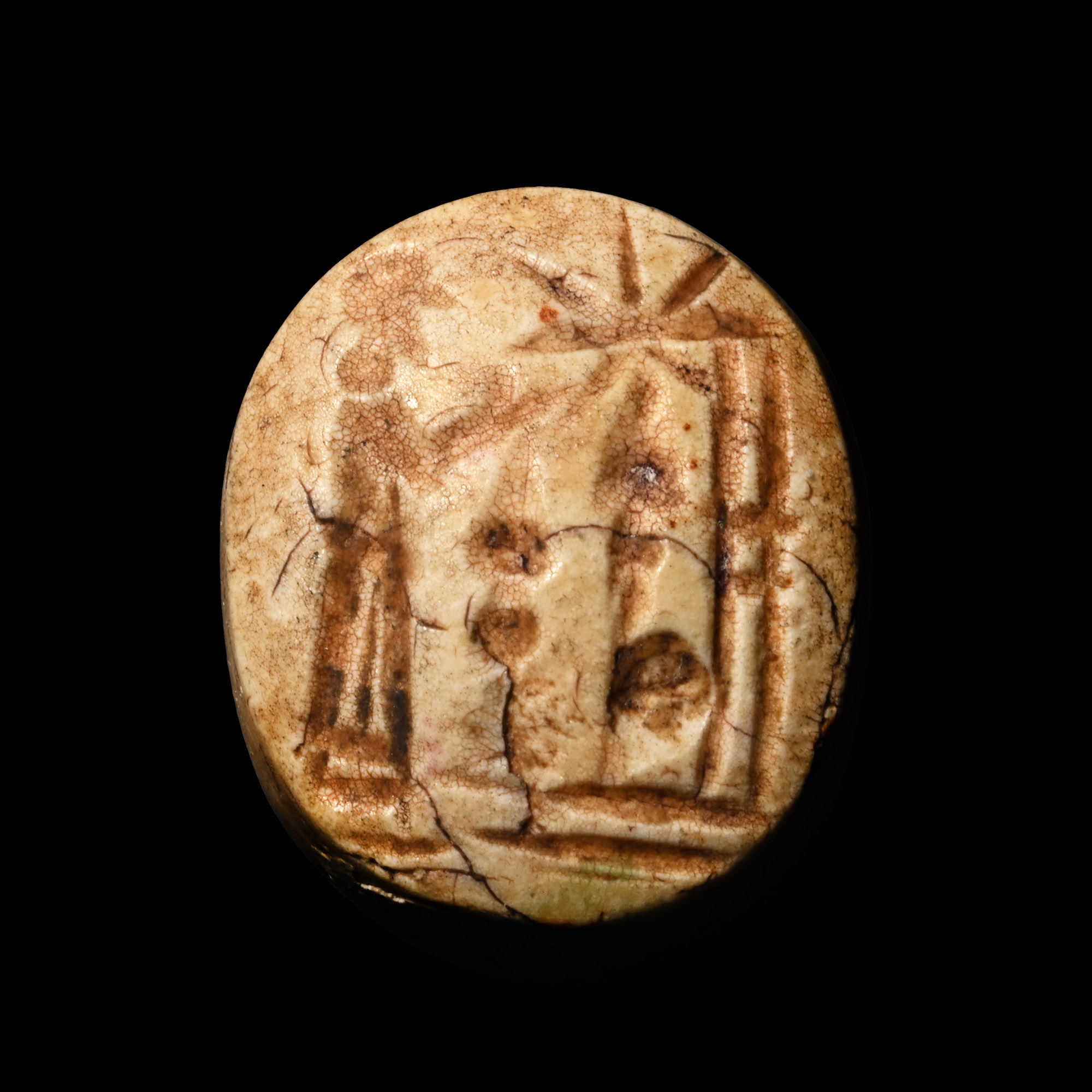 Neo-Babylonian Burnt Stone Stamp Seal with Cultic Scene