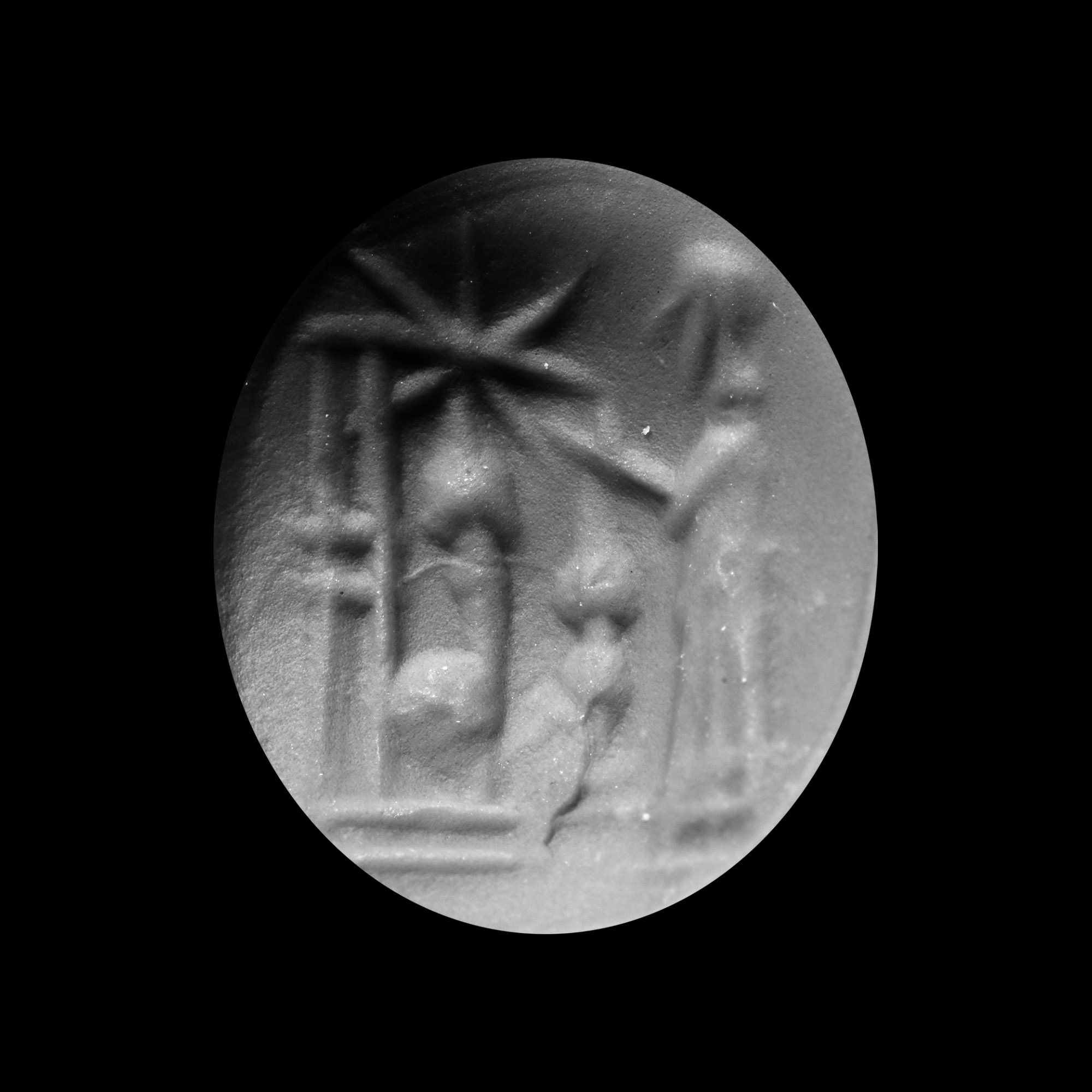 Neo-Babylonian Burnt Stone Stamp Seal with Cultic Scene