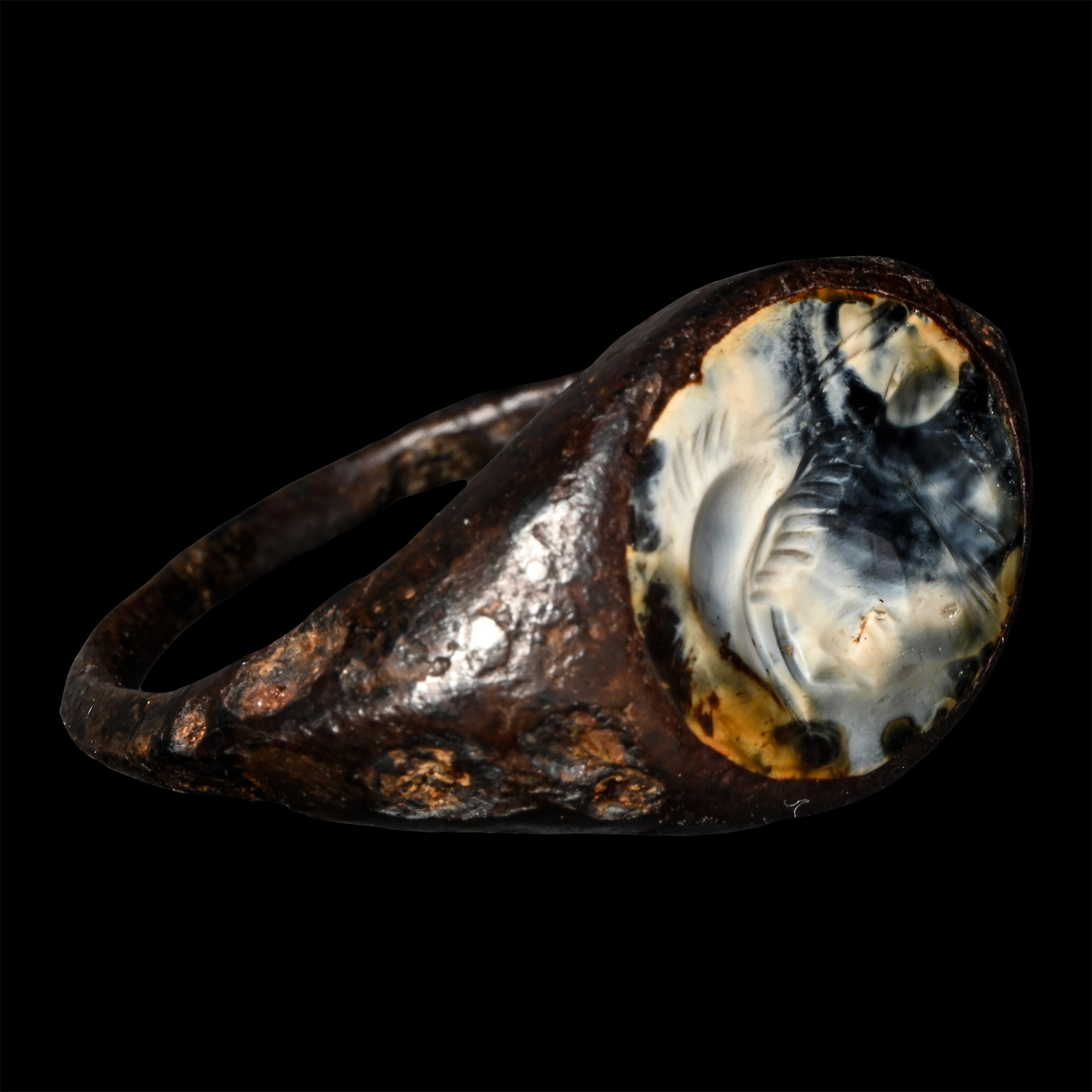 Roman Imperial Military Iron Ring with Burnt Agate Gemstone with a Helmetted Warrior