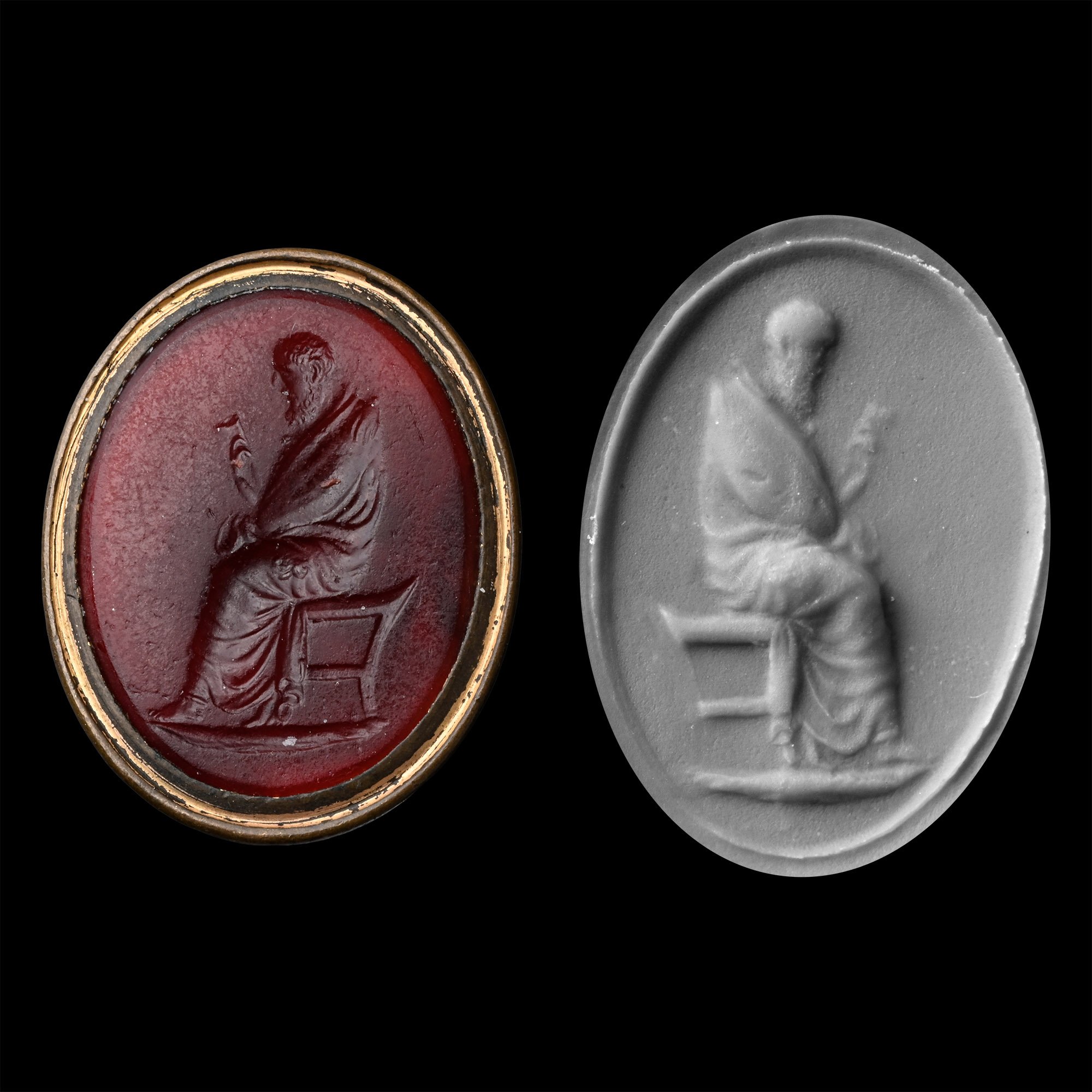 Grand Tour Glass Gemstone with Philosopher in Gilt Metal Seal